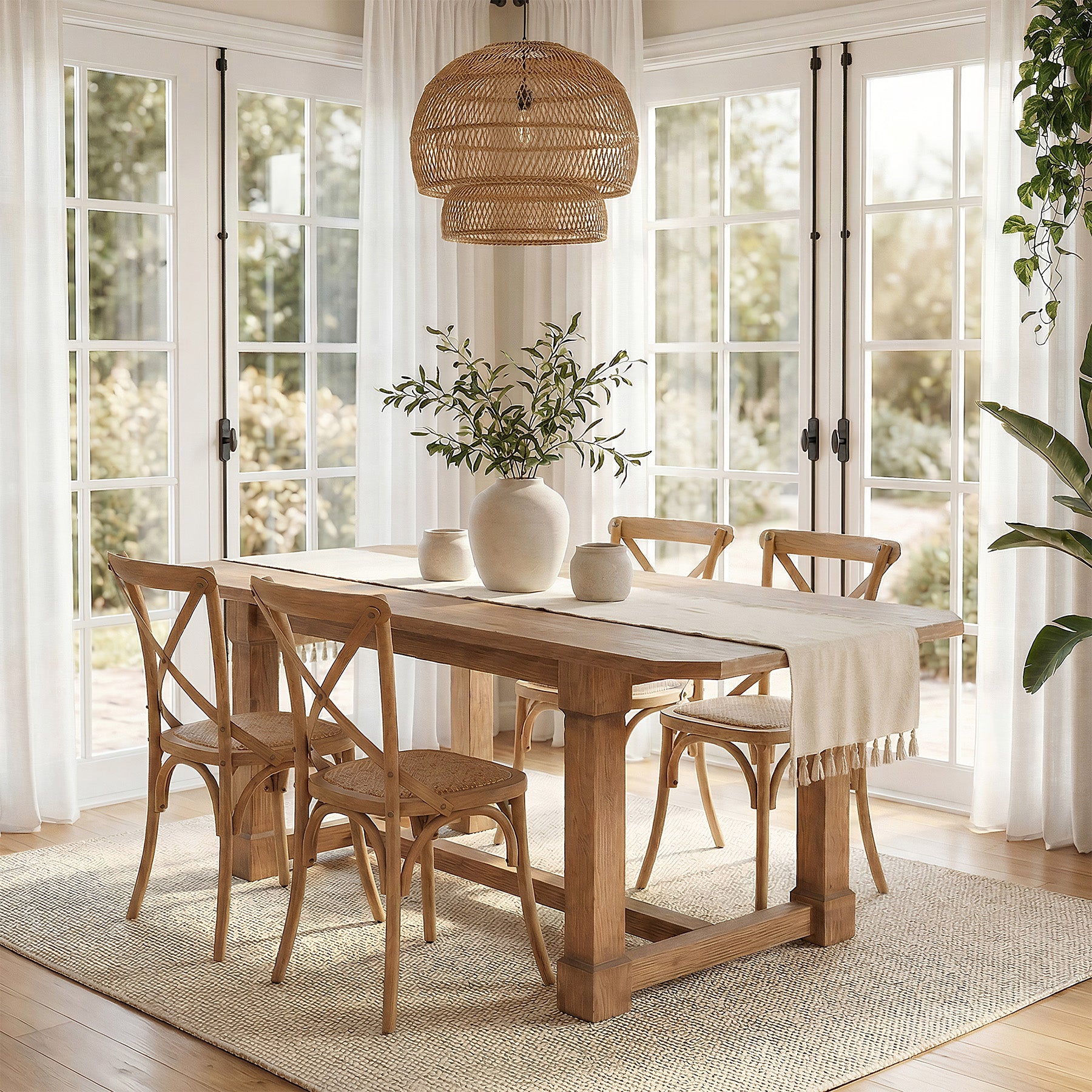 63" Solid Wood Dining Table for 4–6, Farmhouse Rectangular Kitchen Table with Heavy-Duty Legs & Crossbar Support