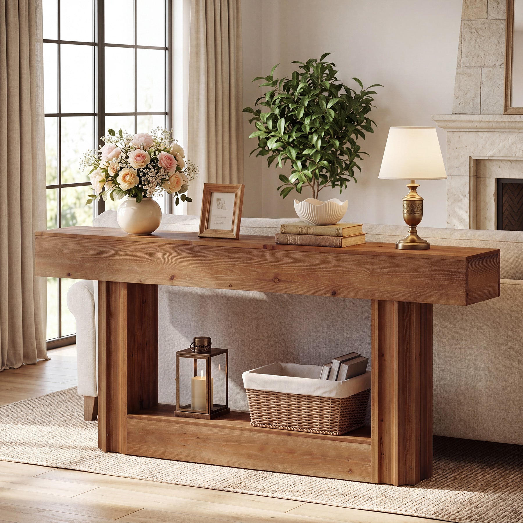 63" Solid Wood Console Table, 2-Tier Farmhouse Sofa Entryway Table with Shelf