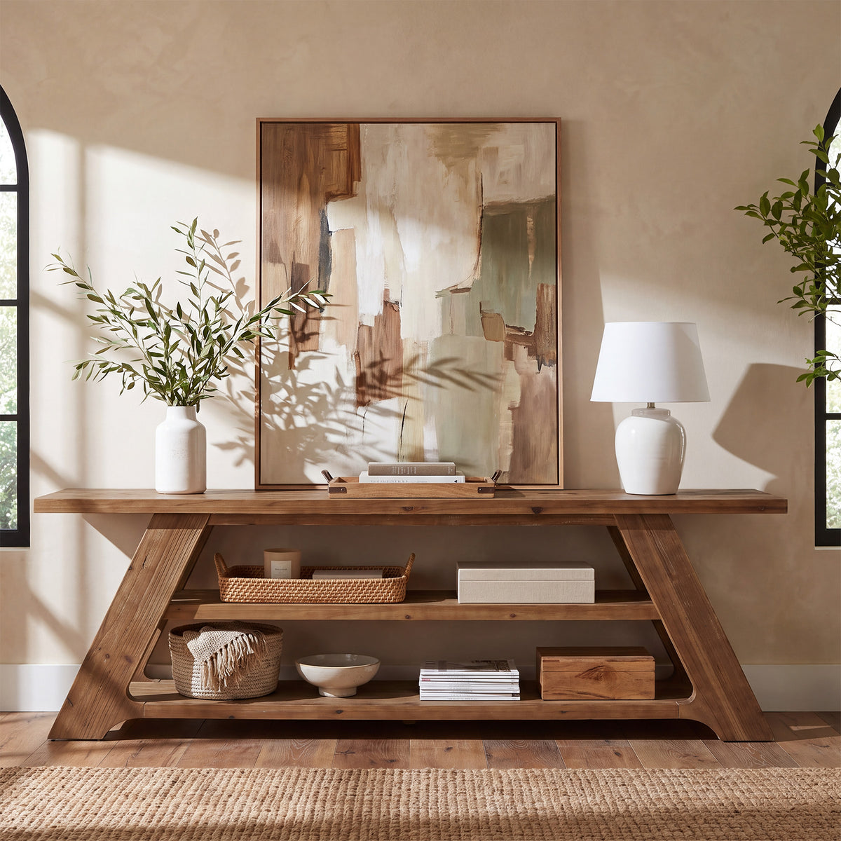 70.87" Solid Wood Console Table, 3-Tier Entryway Table Sofa Table for Living Room