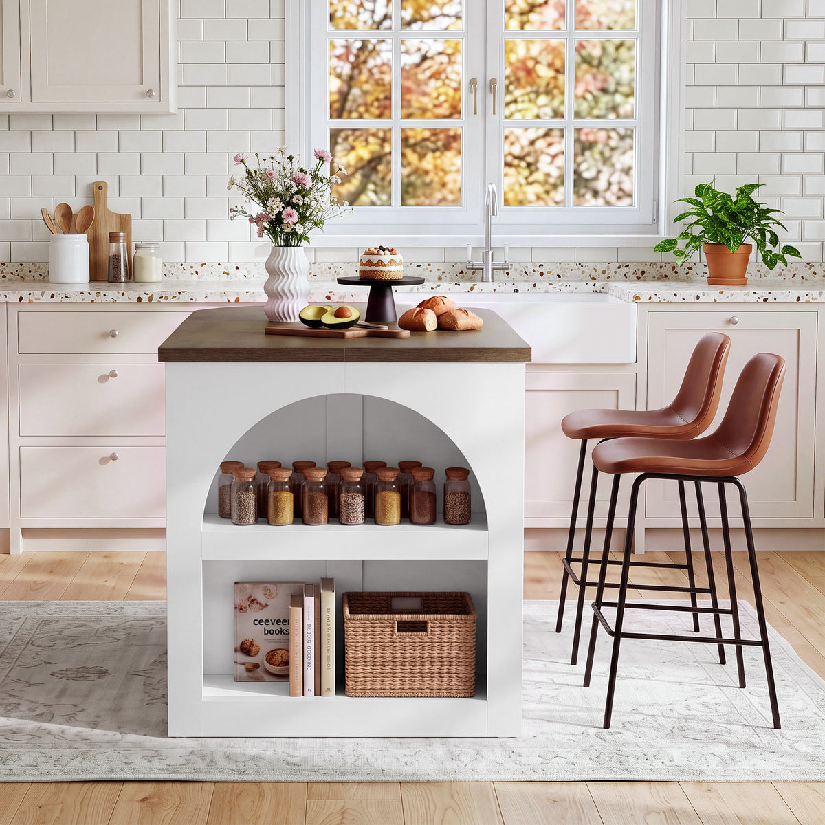 63" Oval Kitchen Island with Storage, Two-Tone Arch Design Bar Table, Prep Table