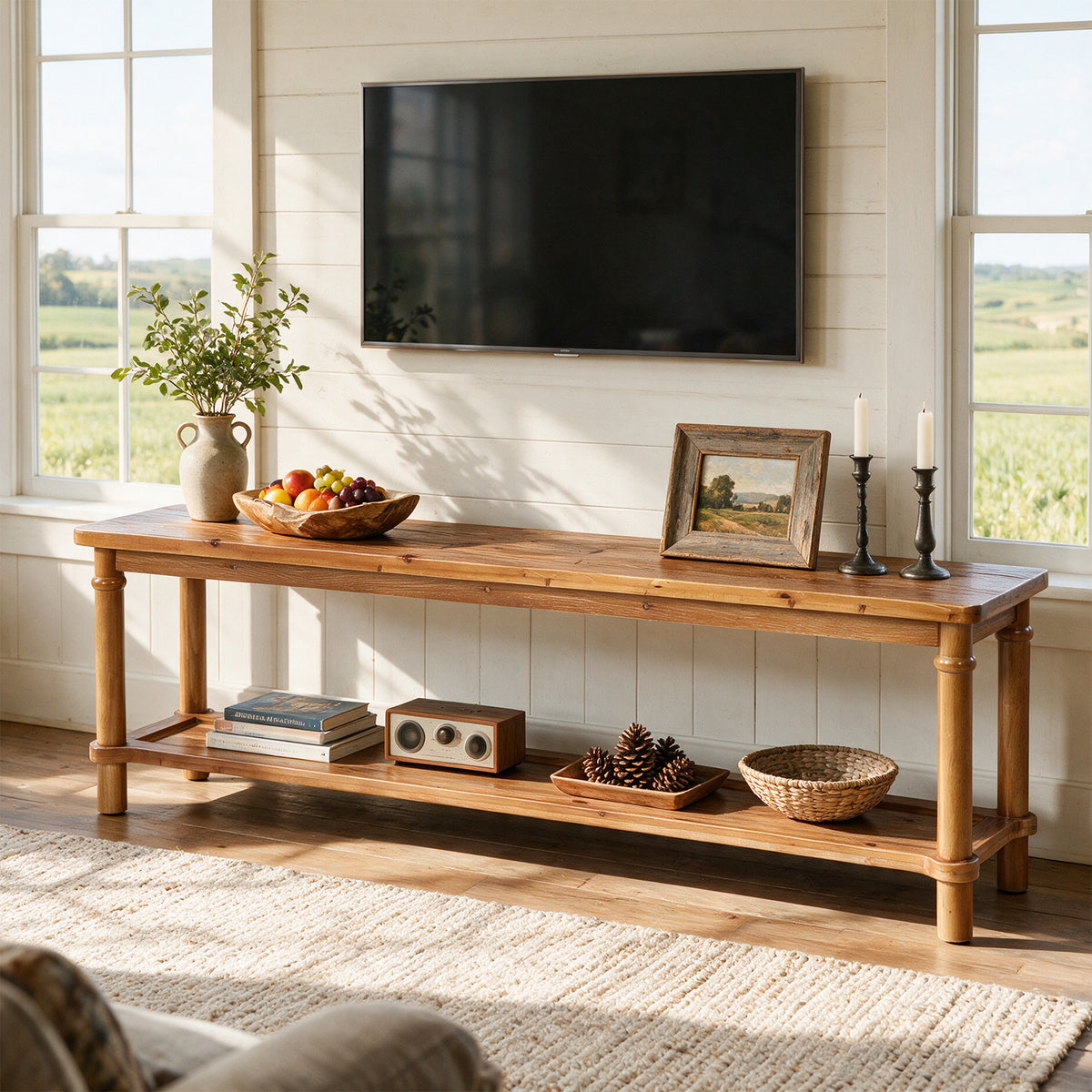 63" Solid Wood TV Stand for up to 75" TVs, 2-Tier TV Console Table with Open Shelf