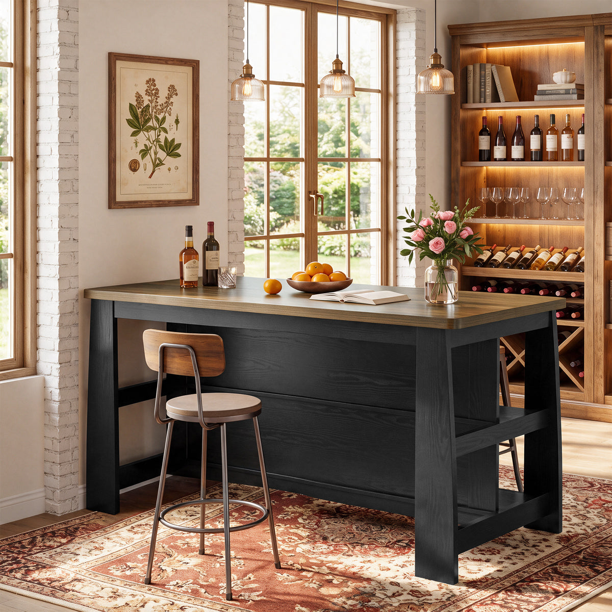 55" Farmhouse Wooden Kitchen Island with Seating Space & 2-Tier Open Storage