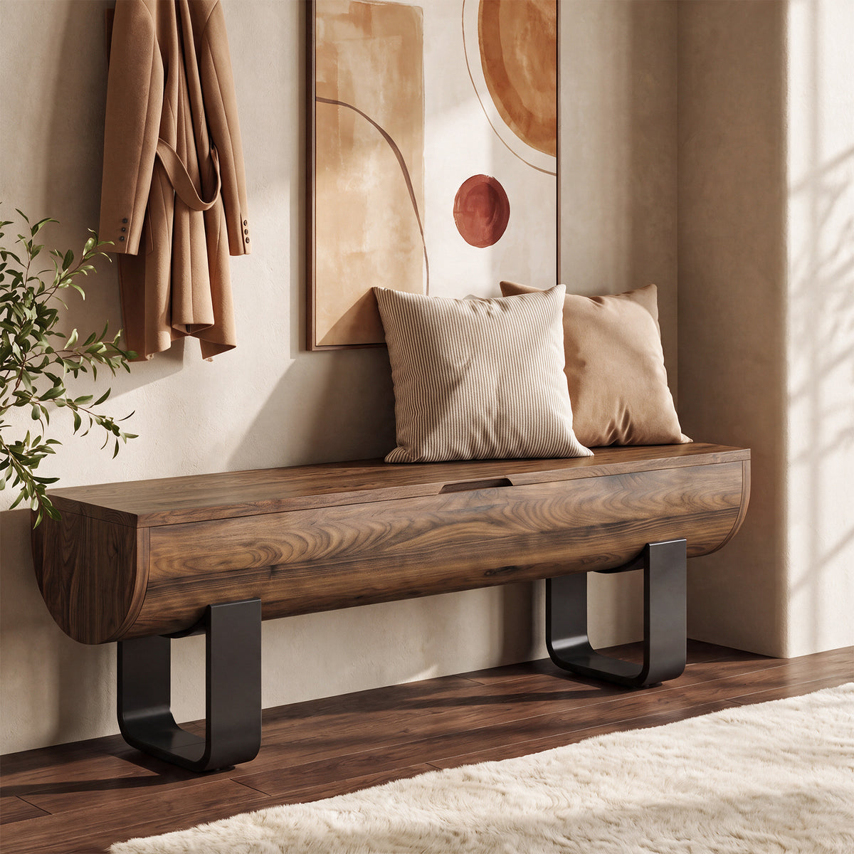 55.1" Storage Bench, Farmhouse Lift Top Entryway Shoe Bench with Metal Legs