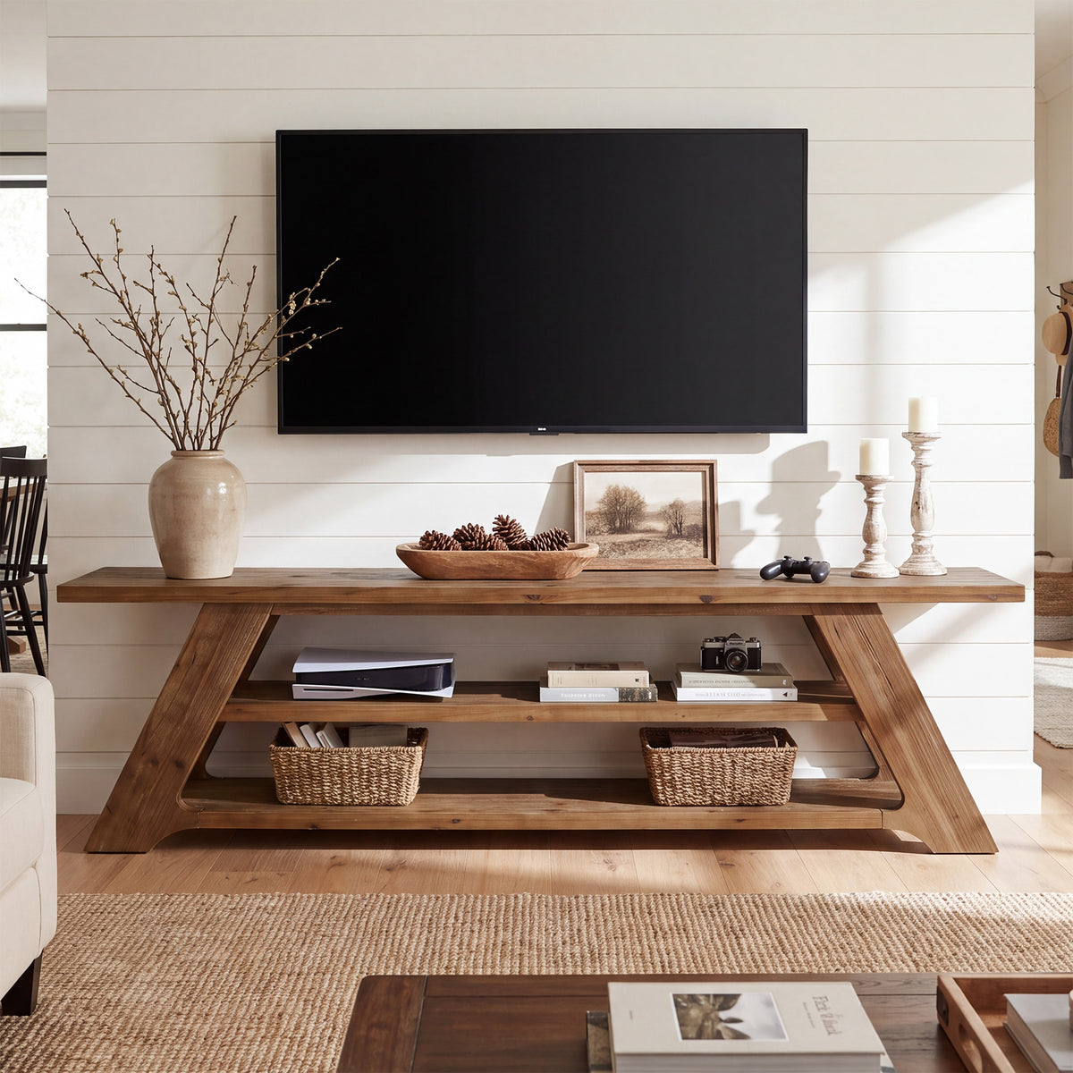 70.87" Solid Wood TV Stand Fits 75"TVs, 3-Tier Entertainment Center for Living Room