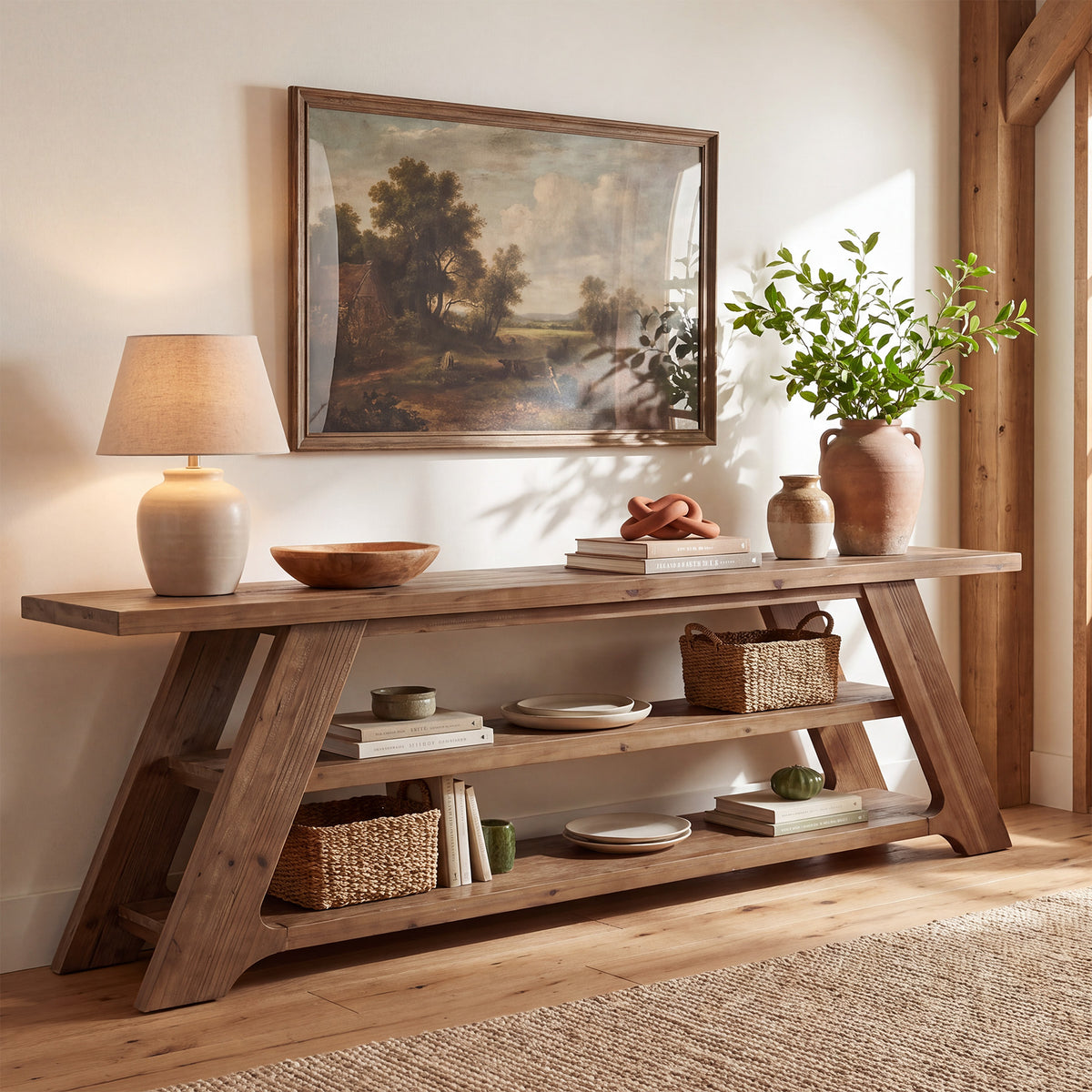 70.87" Solid Wood Console Table, 3-Tier Entryway Table Sofa Table for Living Room
