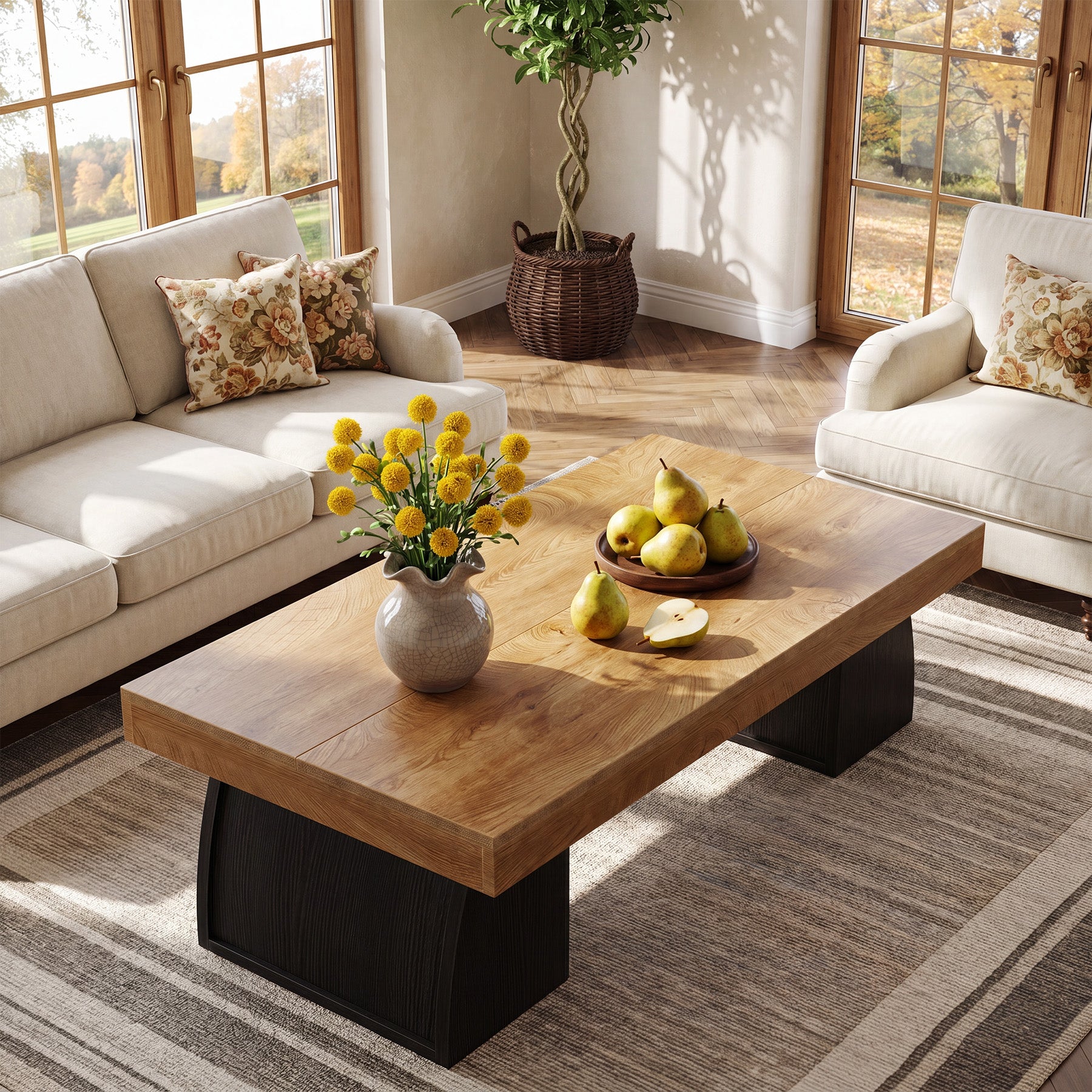 55.1" Coffee Table, Rectangular Center Cocktail Table with Curved Base for Living Room