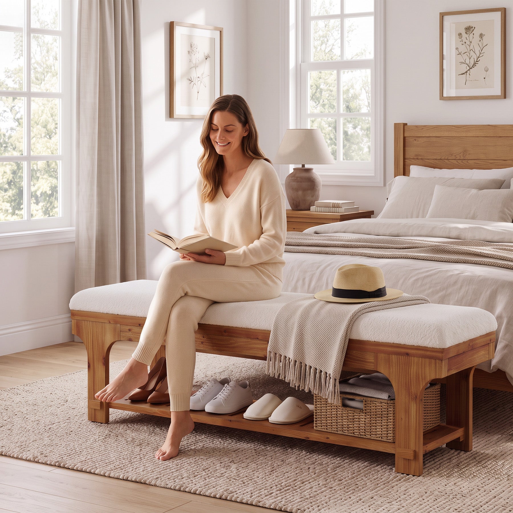 59" End of Bed Bench with Boucle Cushion & Storage Shelf, Rustic Solid Wood, Bedroom Hallway