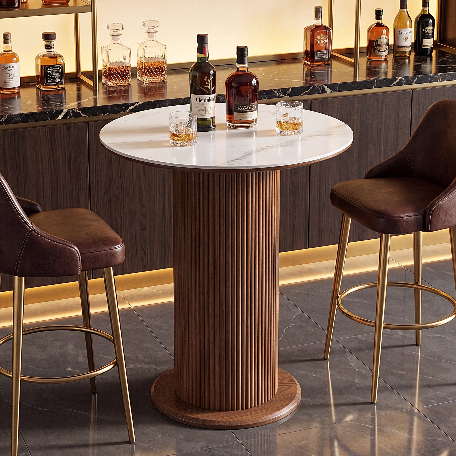 31.5" Round Bar Table, Marble Pub Table with Fluted Solid Wood Pedestal Base for 2