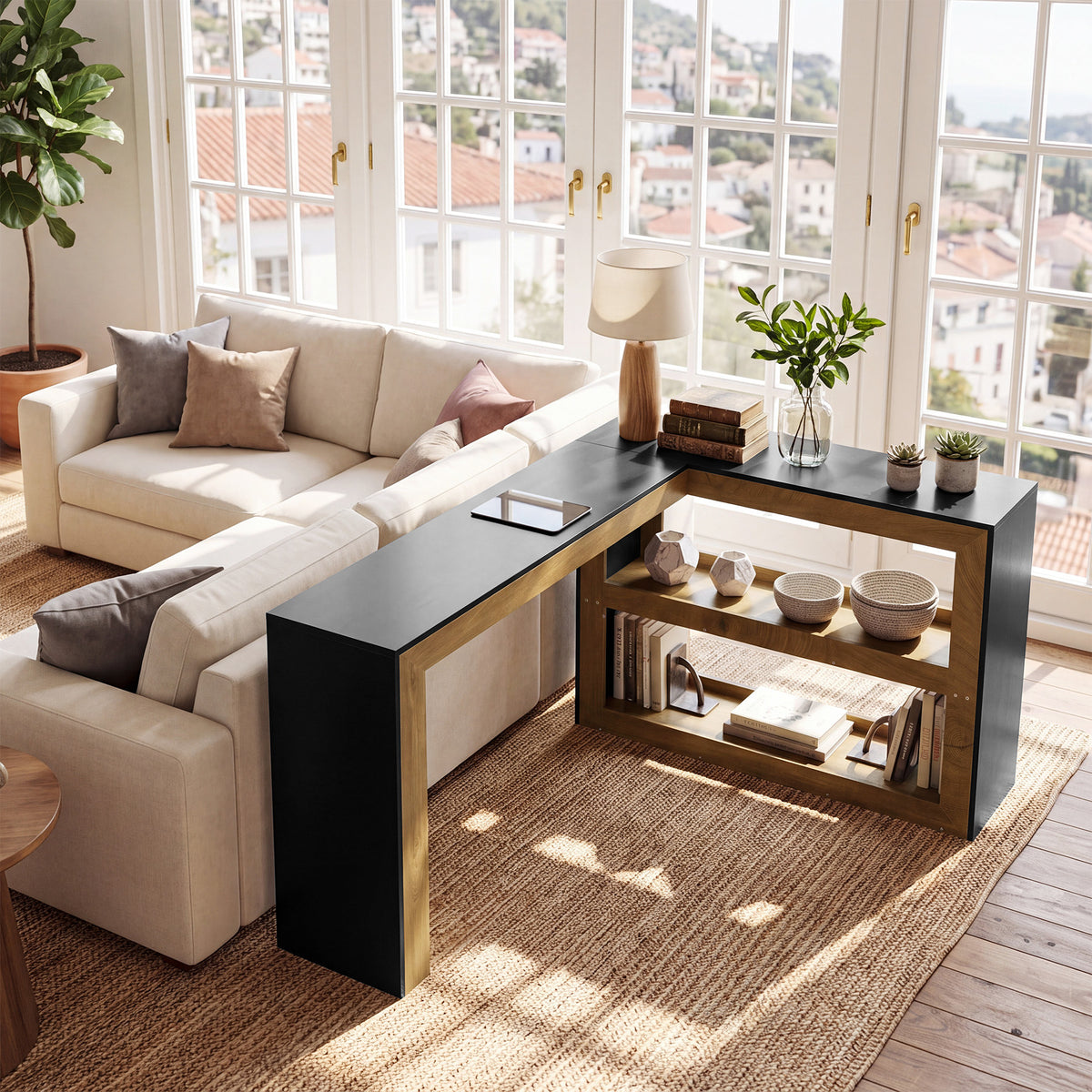 L-Shaped Bar Table, Modern Counter-Height Table with Storage Shelves for kitchen