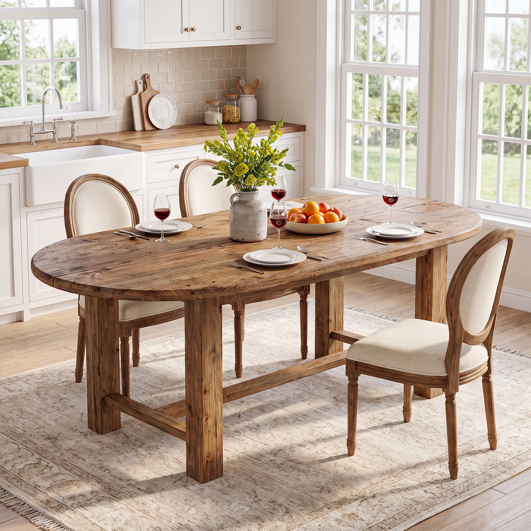 63" Solid Wood Dining Table for 4-6, Oval Farmhouse Kitchen Table with Chunky Legs
