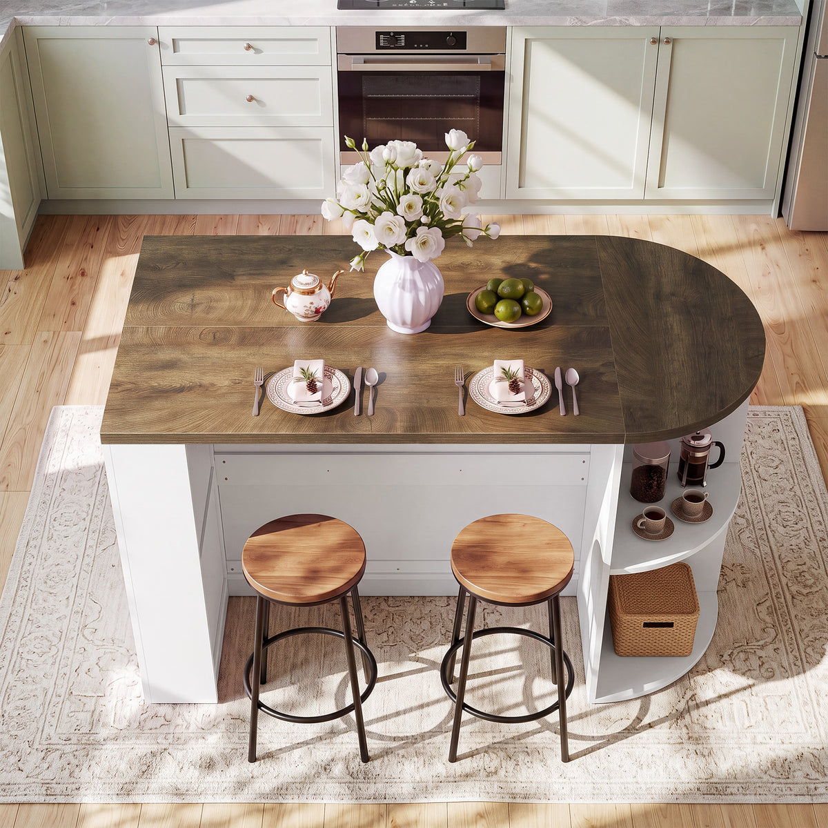 63" Oval Kitchen Island with Storage, Two-Tone Arch Design Bar Table, Prep Table