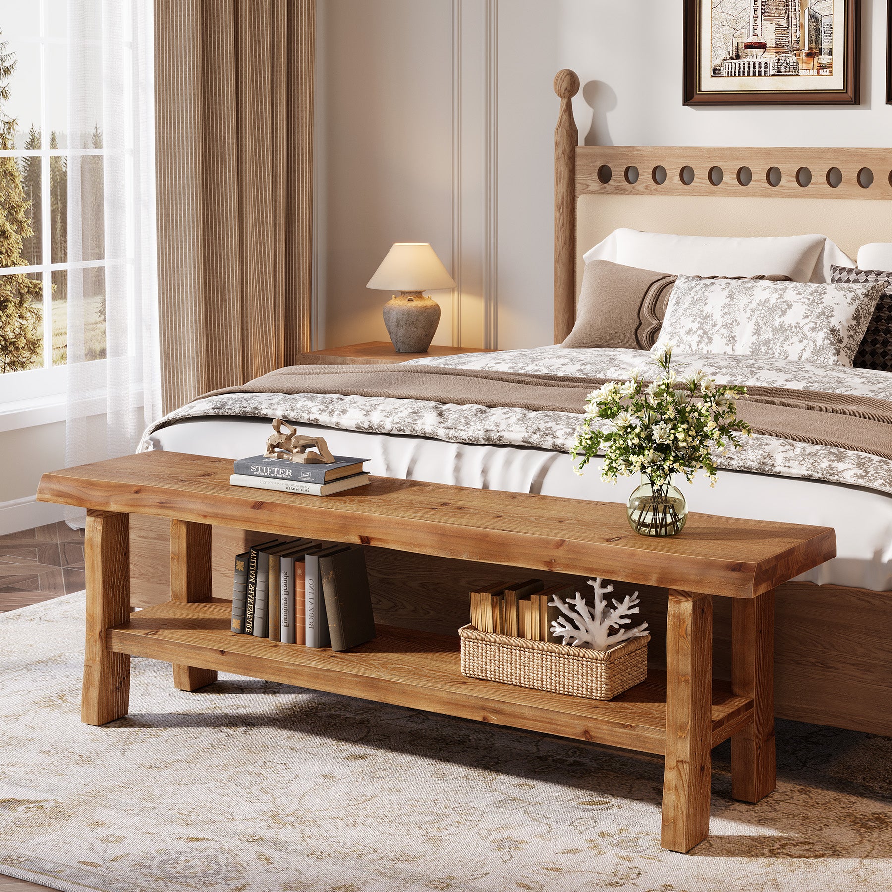 55" Shoe Bench, Solid Wood Entryway Bench End of Bed Stool with Lower Shelf