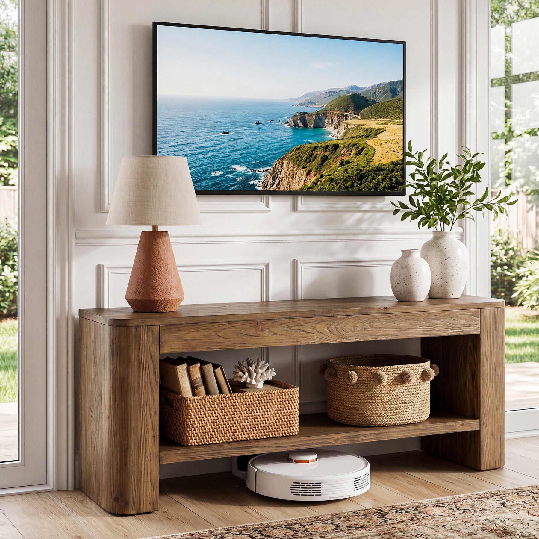 59“ Solid Wood TV Stand for 55–65 Inch TVs, Farmhouse Media Console with Open Shelves for Living Room or Bedroom