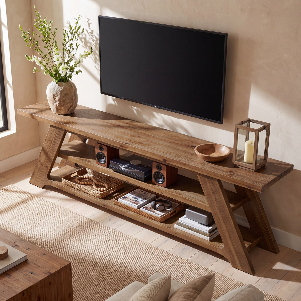 70.87" Solid Wood TV Stand Fits 75"TVs, 3-Tier Entertainment Center for Living Room