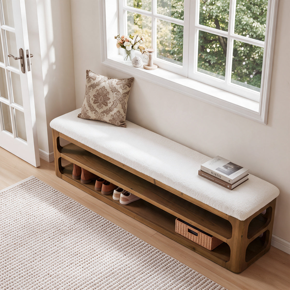 63" Solid Wood Bench with Cushion, Upholstered Entryway Shoe Bench with 3-Tier Storage