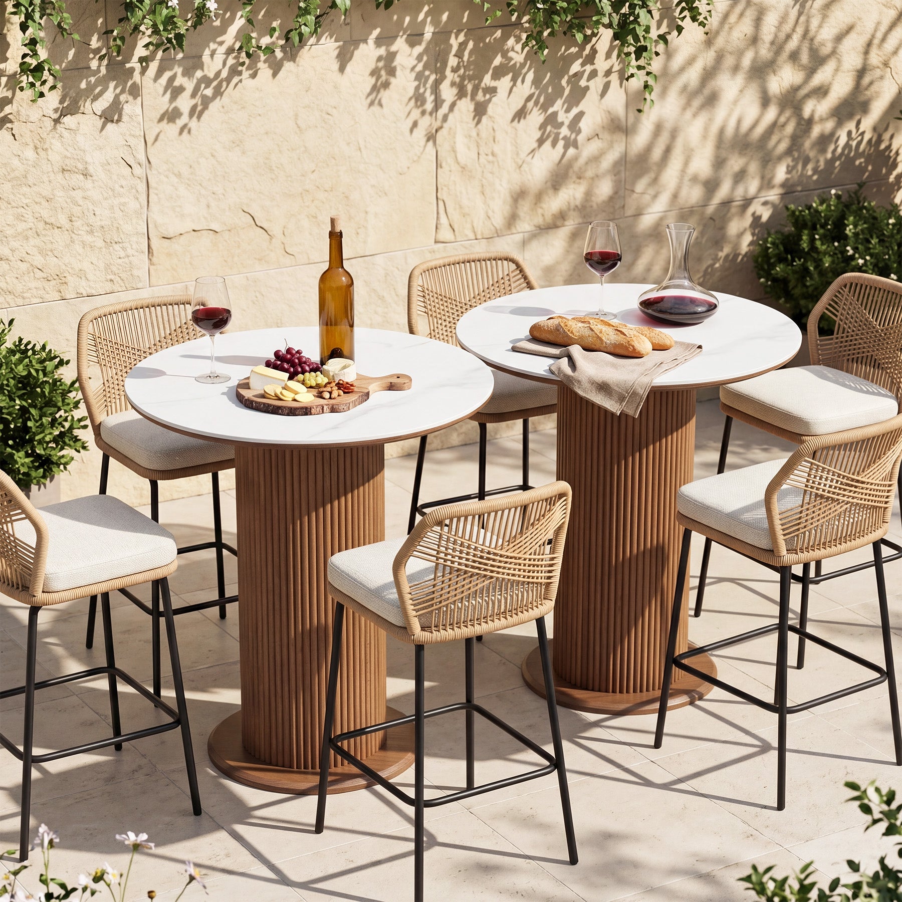 31.5" Round Bar Table, Sintered Stone Pub Table with Fluted Solid Wood Pedestal Base for 2