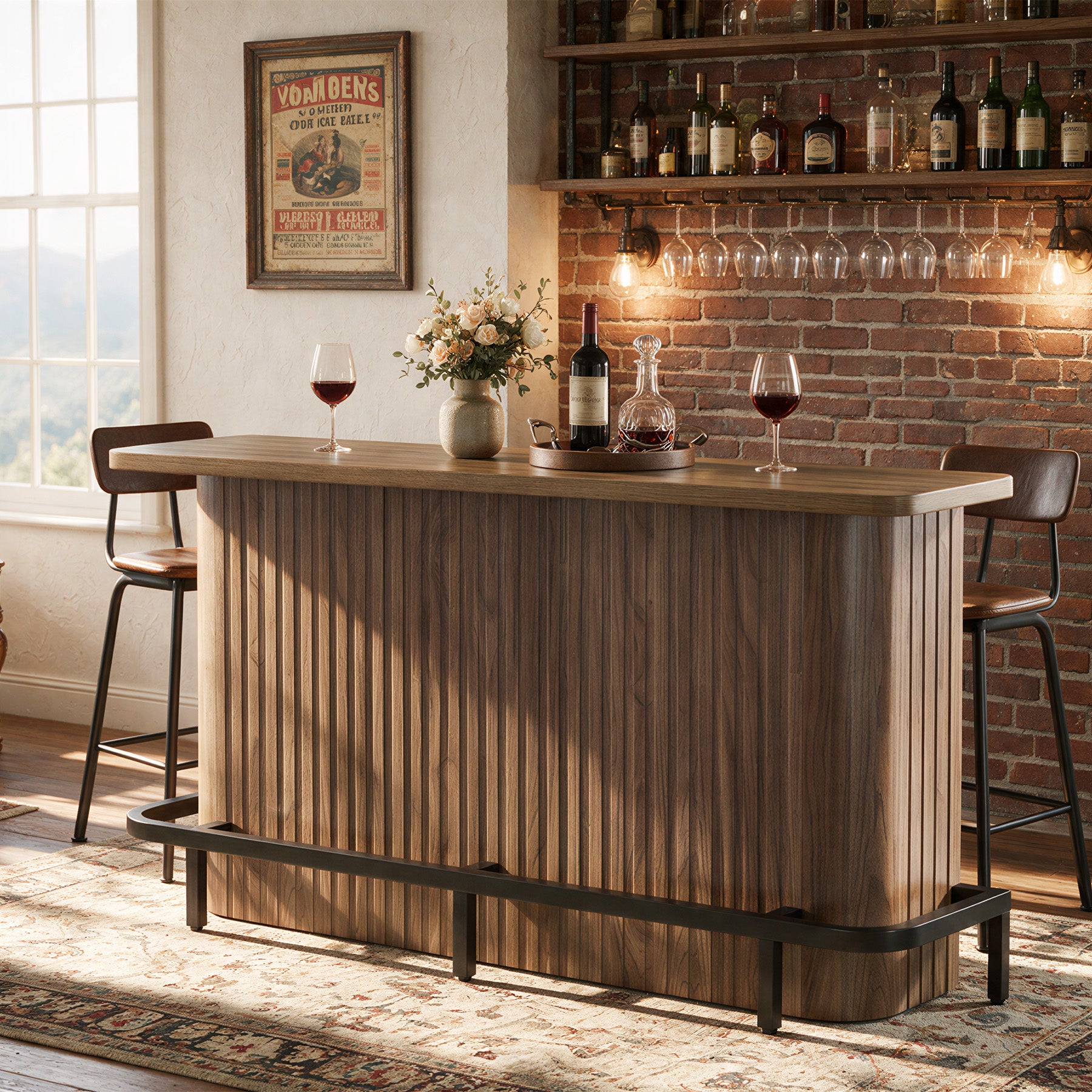 63" Bar Table with Storage Shelves, Modern Mini Home Bar Unit with Metal Footrest