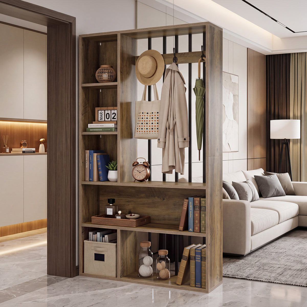 71" Modern Wood Room Divider with Shelves, Coat Hooks & LED Light, Freestanding