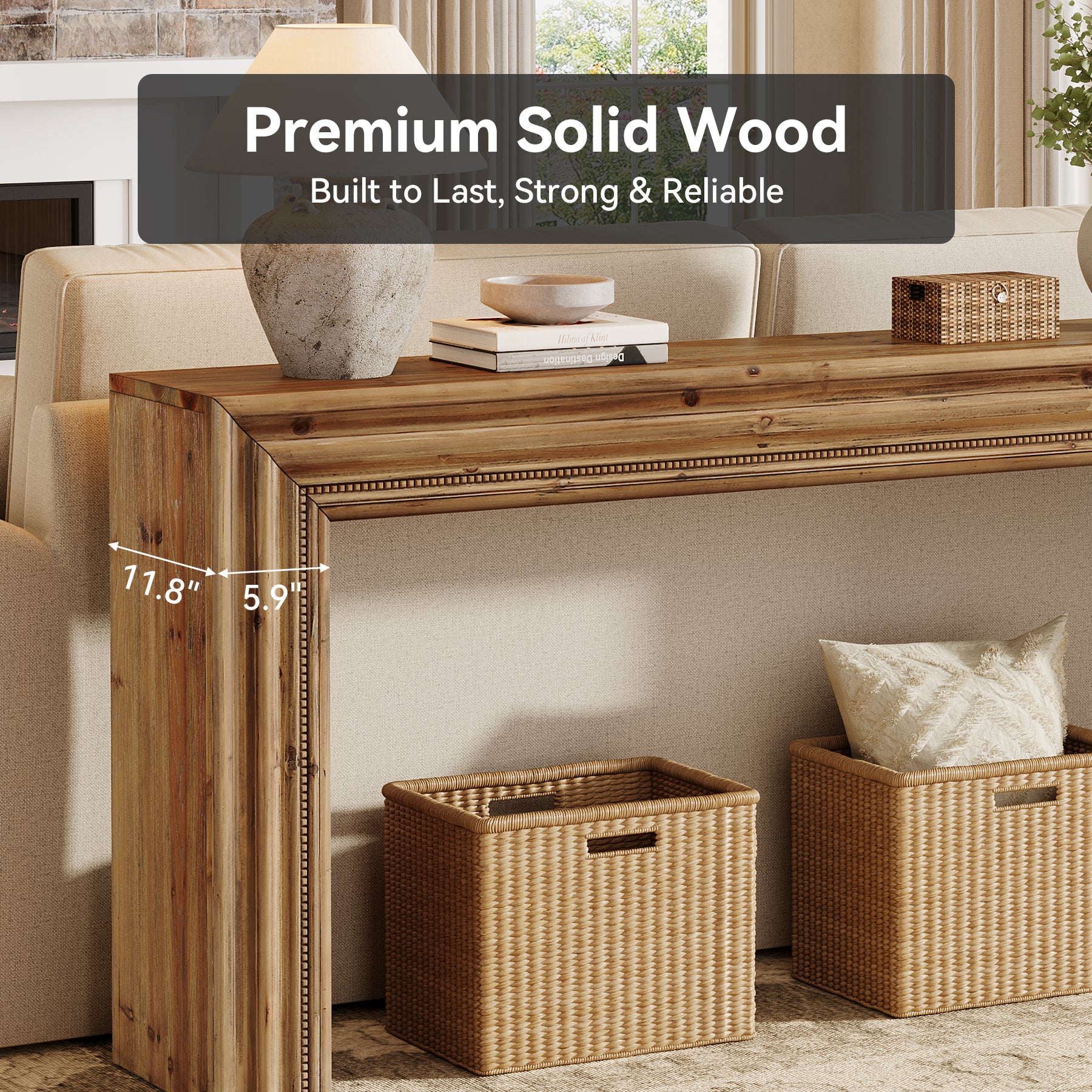 63" Solid Wood Console Table, Narrow Sofa Table Behind Couch with Sculpted Edge