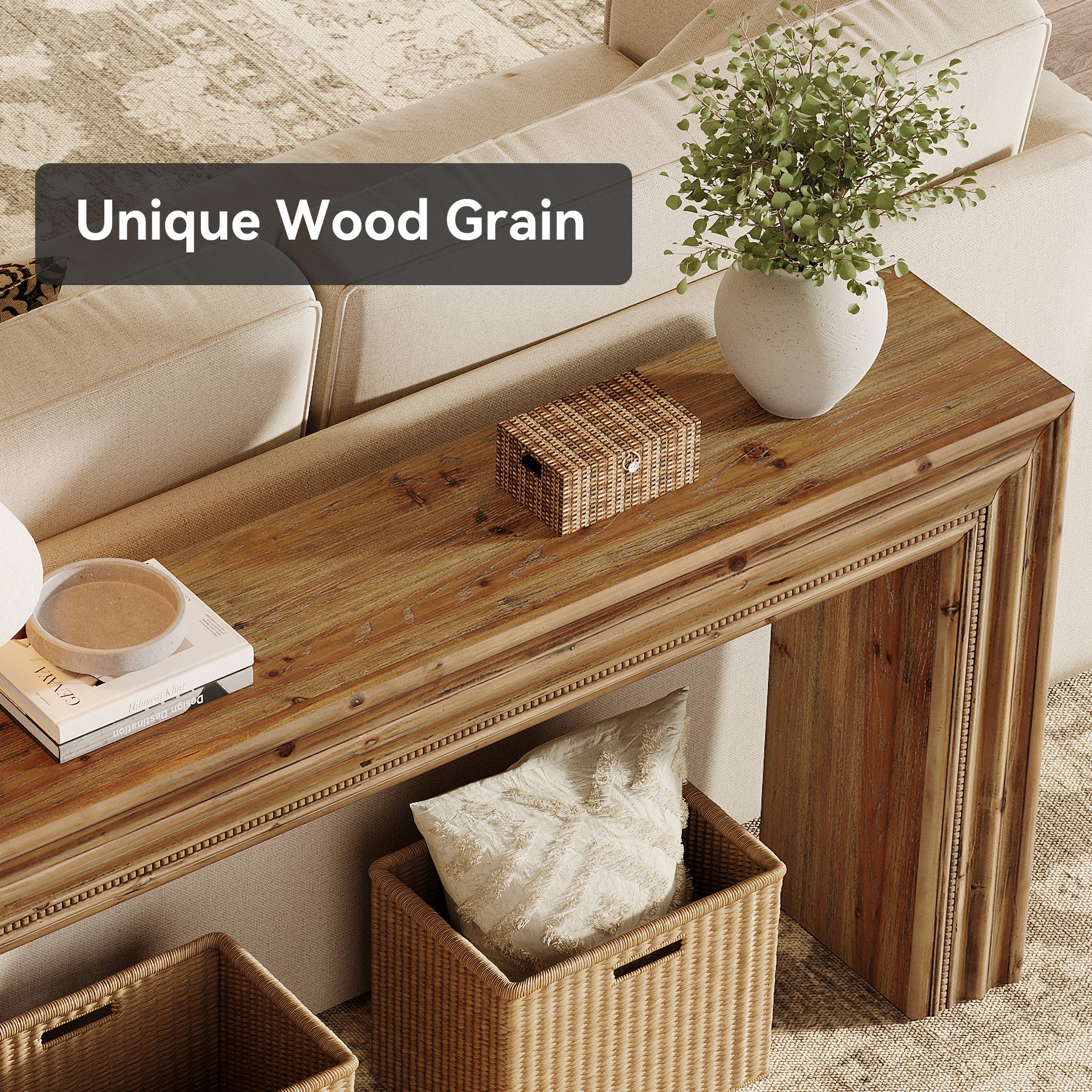 63" Solid Wood Console Table, Narrow Sofa Table Behind Couch with Sculpted Edge