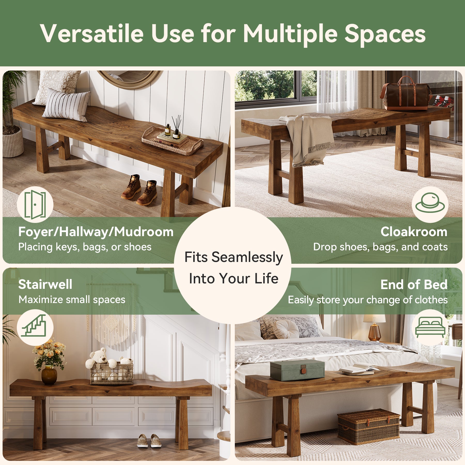 55" Entryway Bench, Solid Wood Storage Bench with Wave-Top Design for Foyer