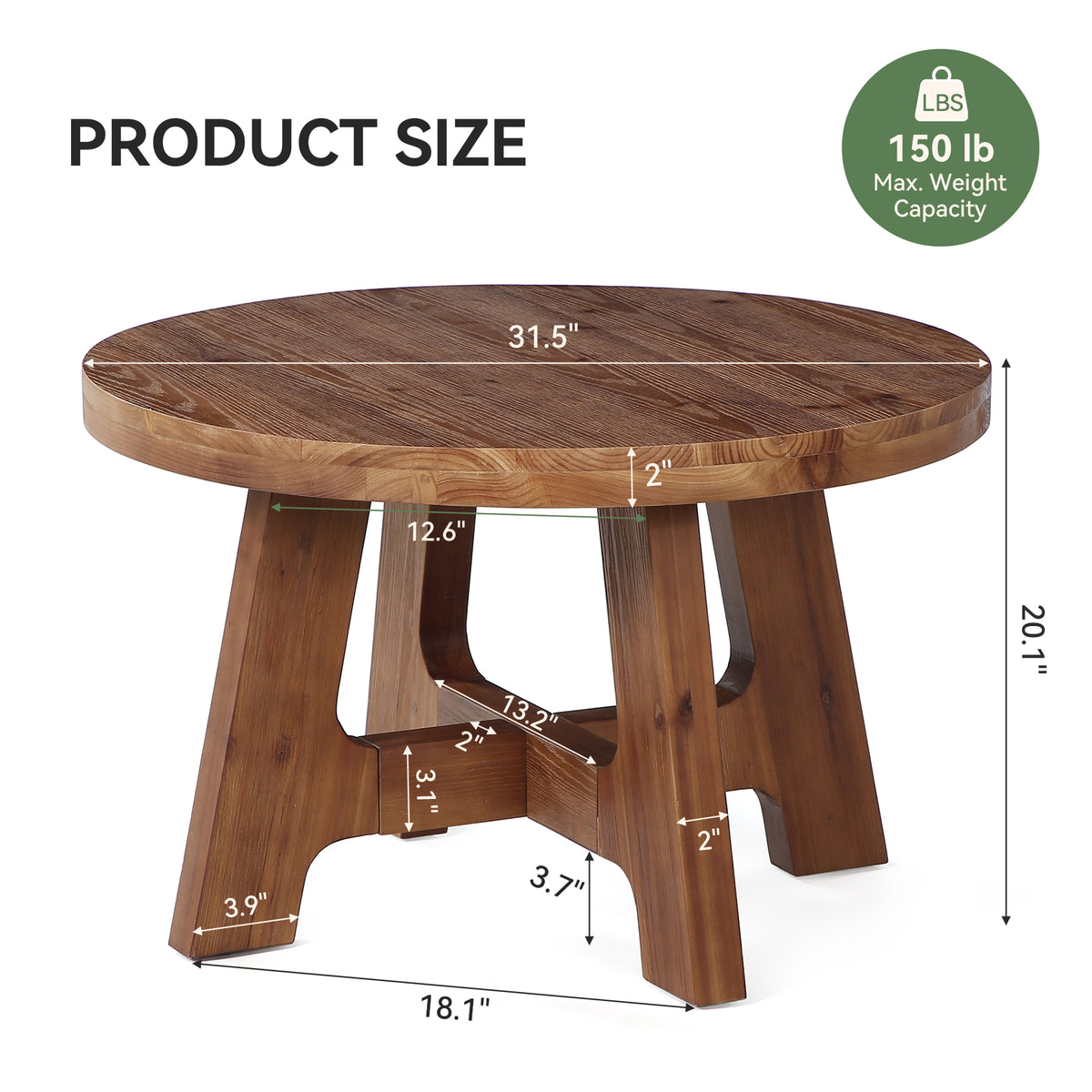 32" Round Solid Wood Coffee Table, Farmhouse 2" Thick Top & Tapered Legs