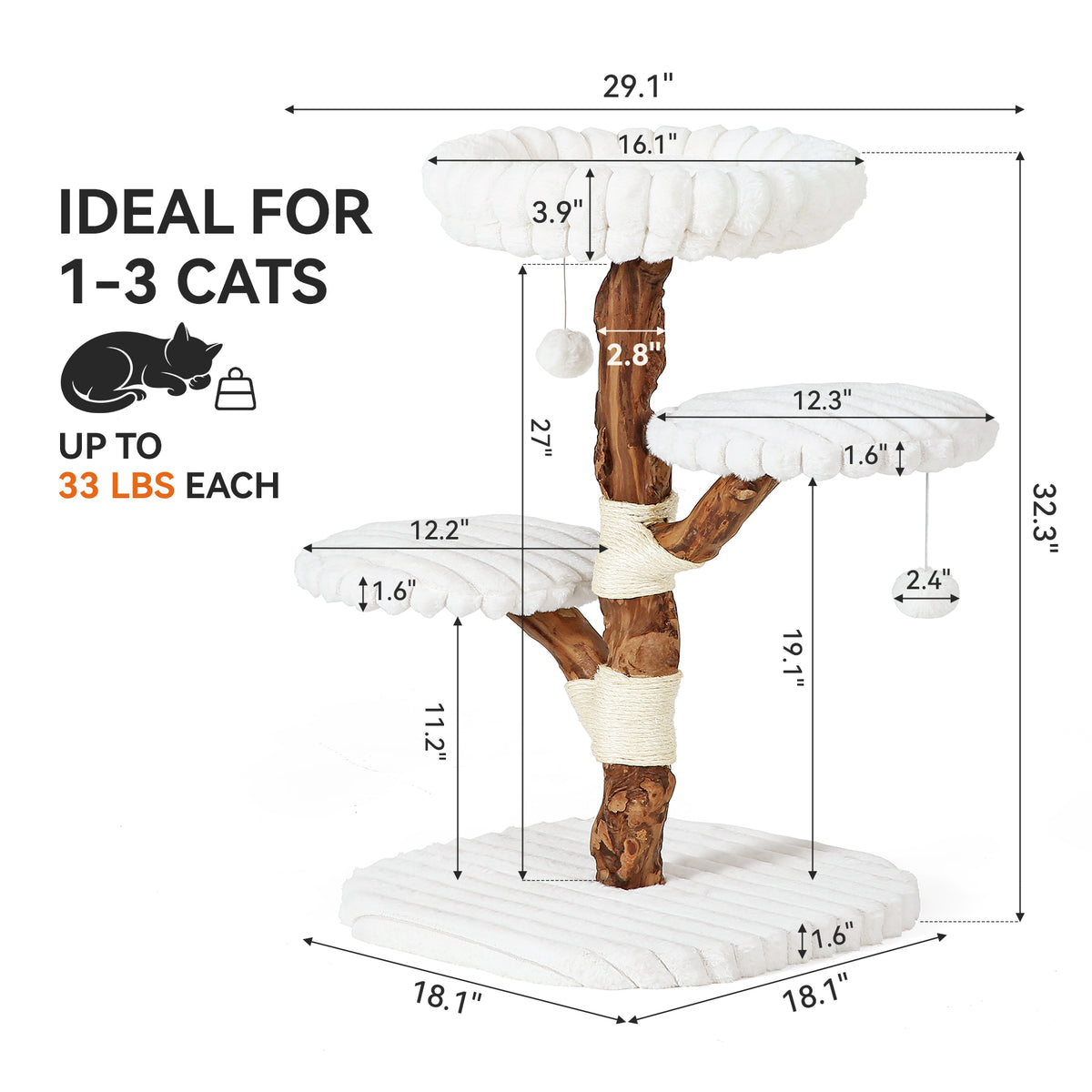 32" Tall Solid Wood Cat Tree with Scratching Posts, Modern Multi-Level Kitten Tower