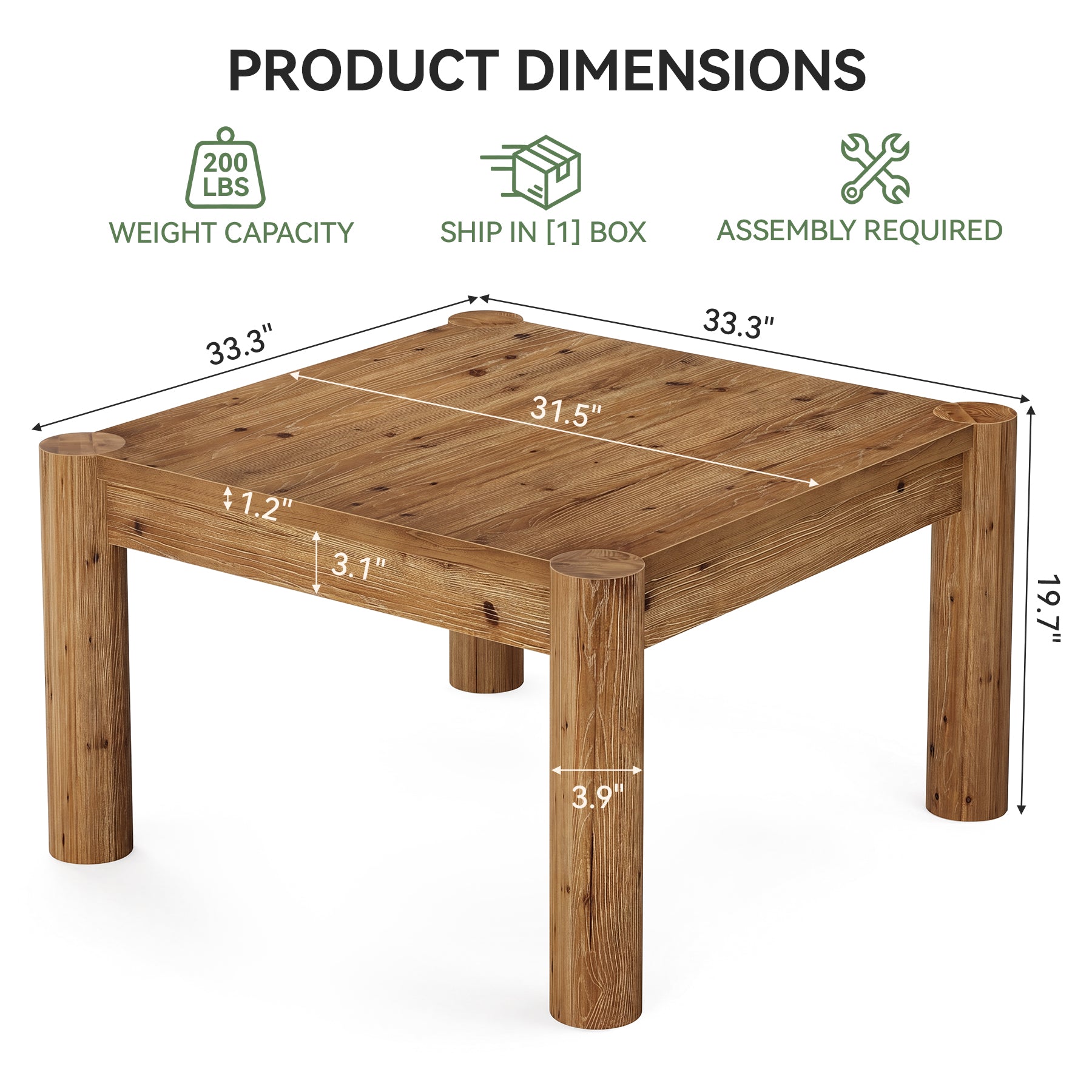 31.5" Square Coffee Table, Solid Wood Center Table Accent Cocktail Table