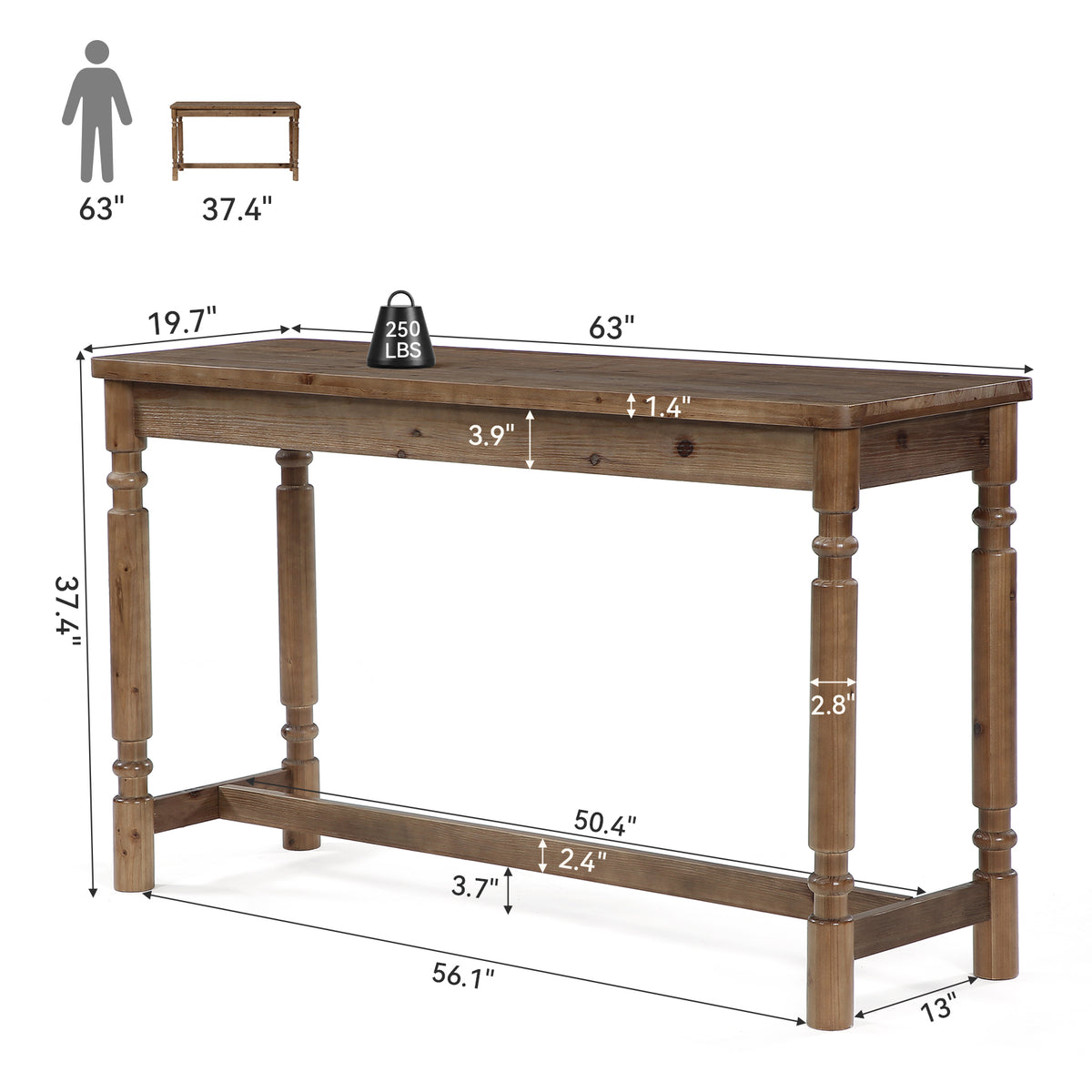 63" Solid Wood Bar Table for 4-6 with Footrest, Kitchen & Home Bar Pub Table