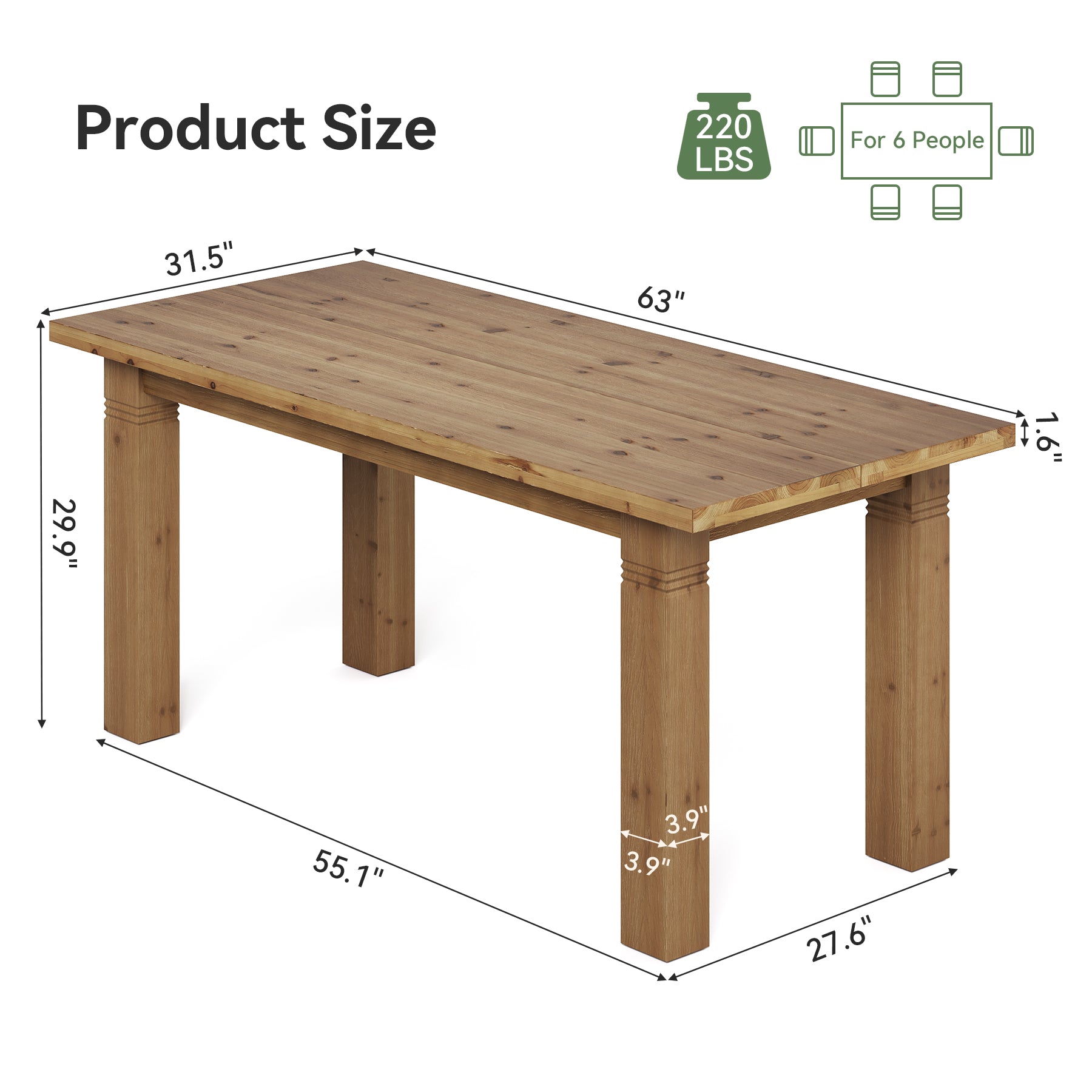 63" Solid Wood Dining Table for 4-6 People, Rectangular Kitchen Tables with Sturdy Legs