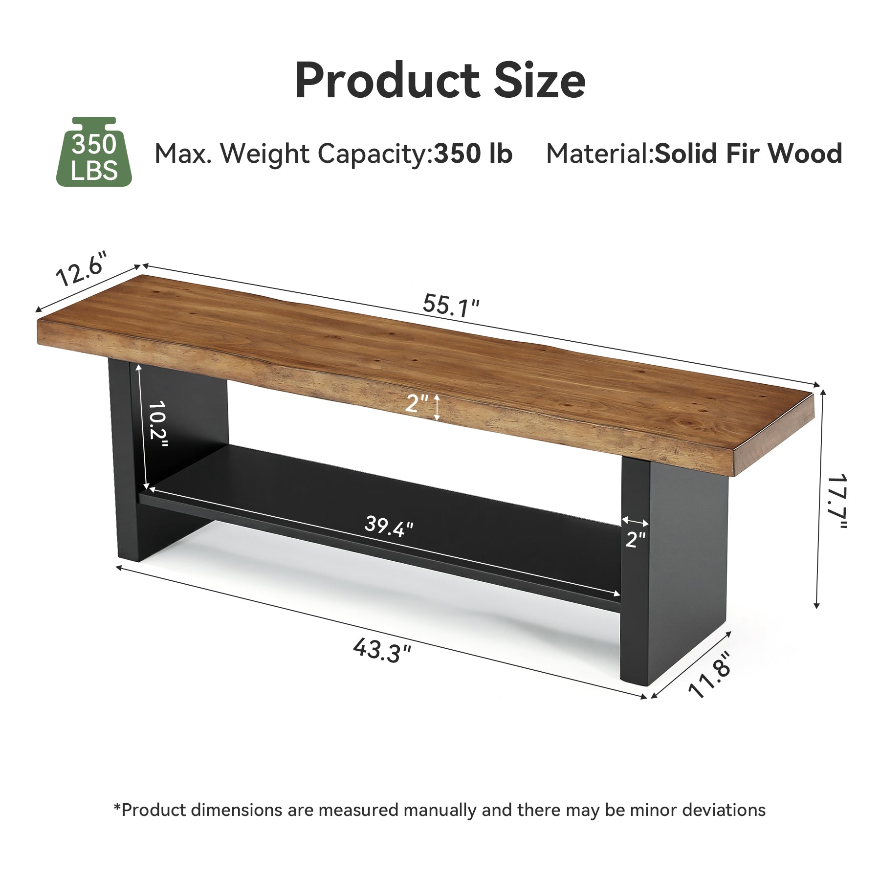 55" Solid Wood Entryway Bench, 2-Tier Farmhouse Bench with Shoe Storage