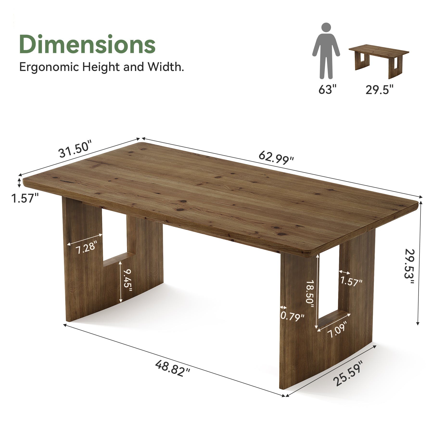 63" Solid Wood Computer Desk, Home Office Executive Desk with Sturdy Frame