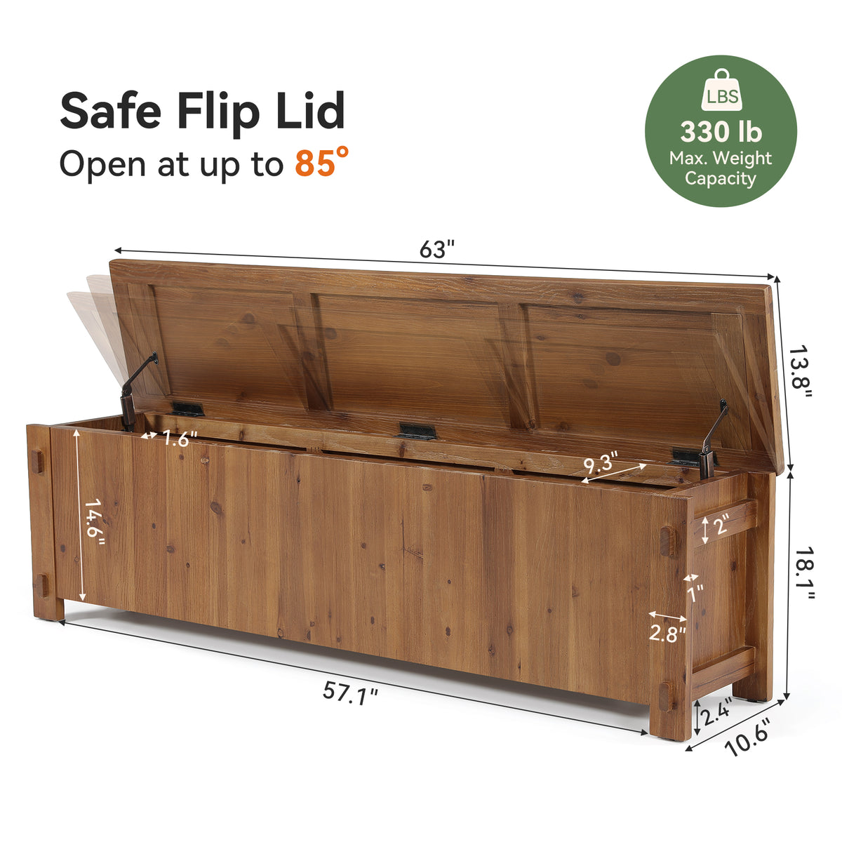 63" Solid Wood Storage Bench, Farmhouse End of Bed Bench with Soft-Close Lid for Bedroom