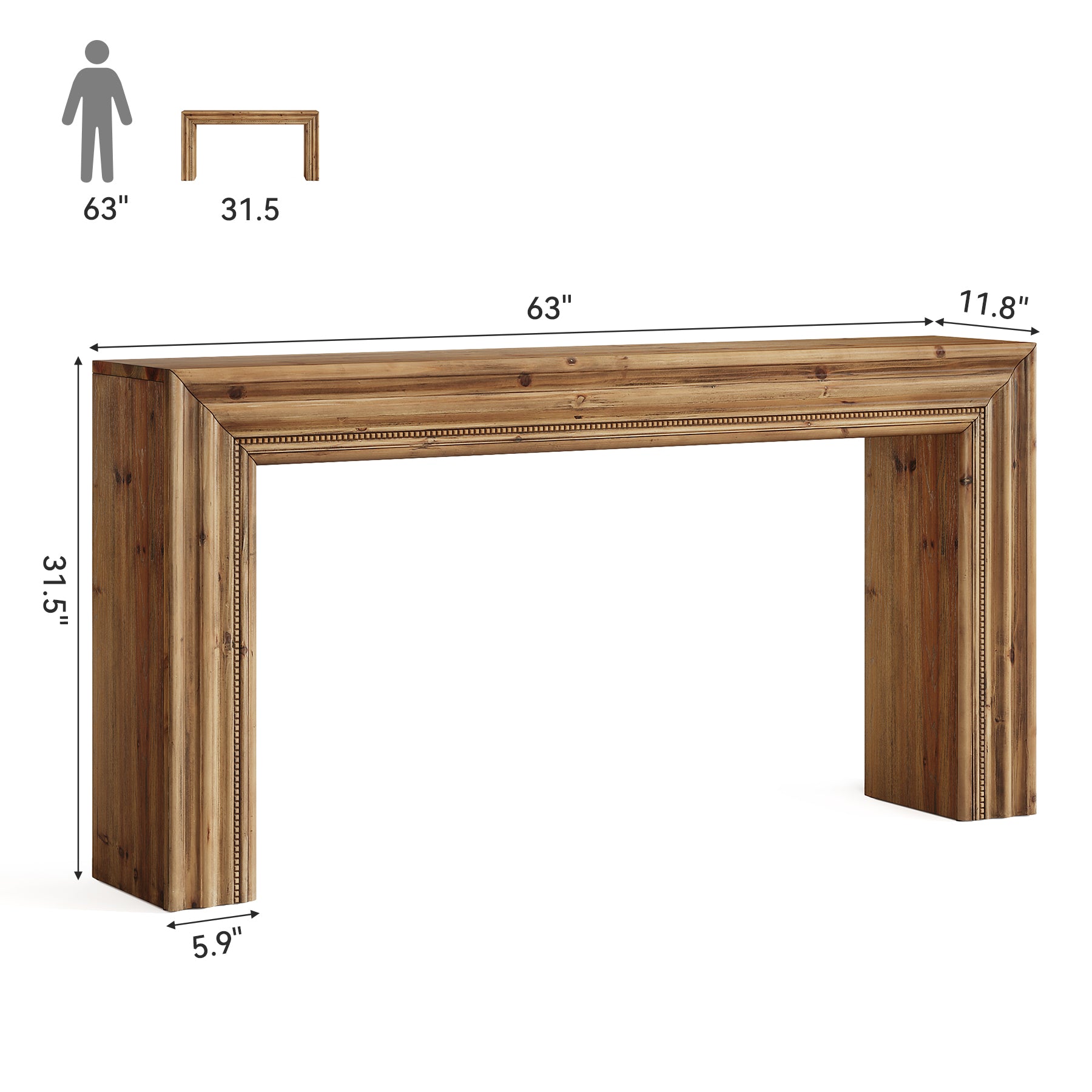 63" Solid Wood Console Table, Narrow Sofa Table Behind Couch with Sculpted Edge