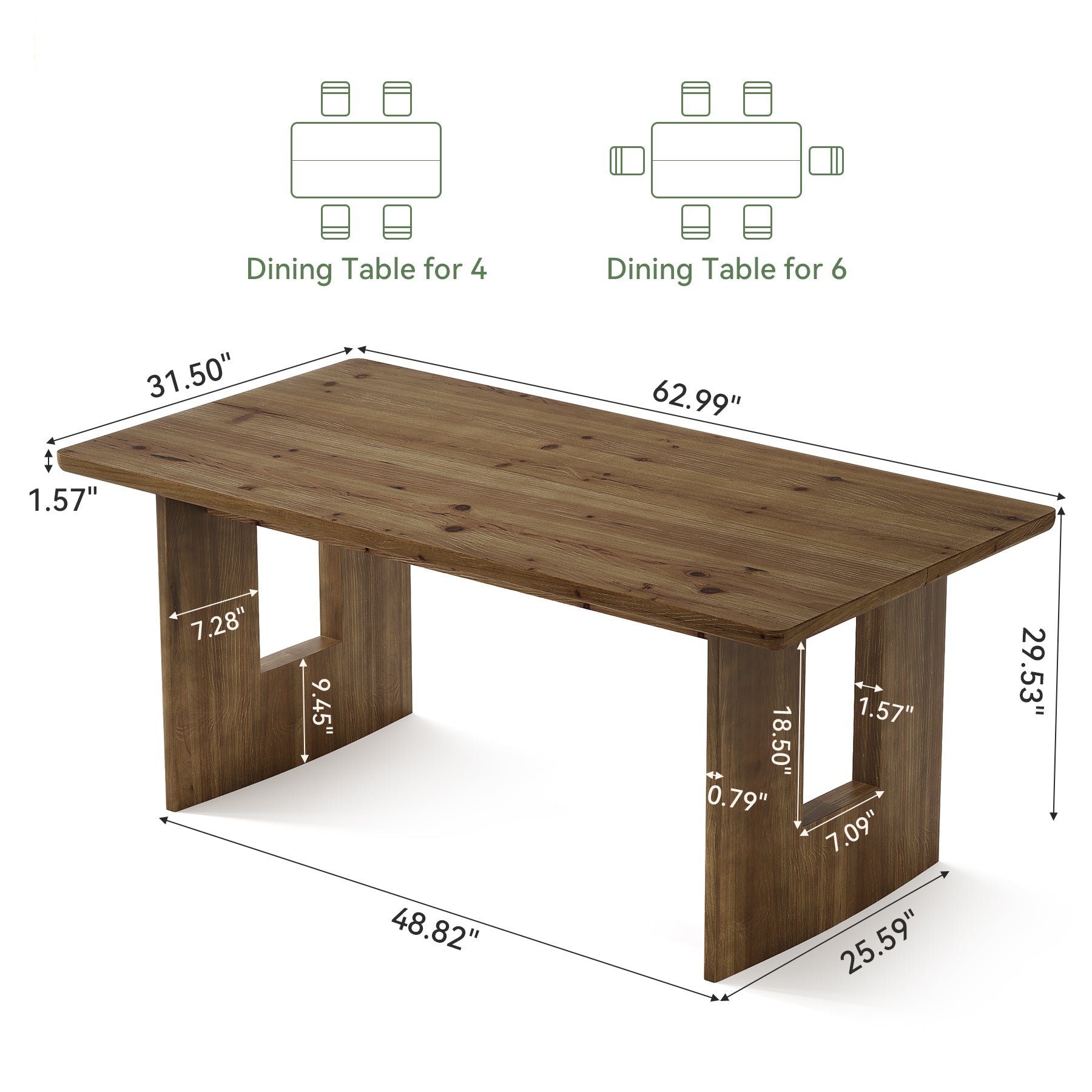 Farmhouse Dining Table, 63" Solid Wood Rectangle Kitchen Table for 4-6