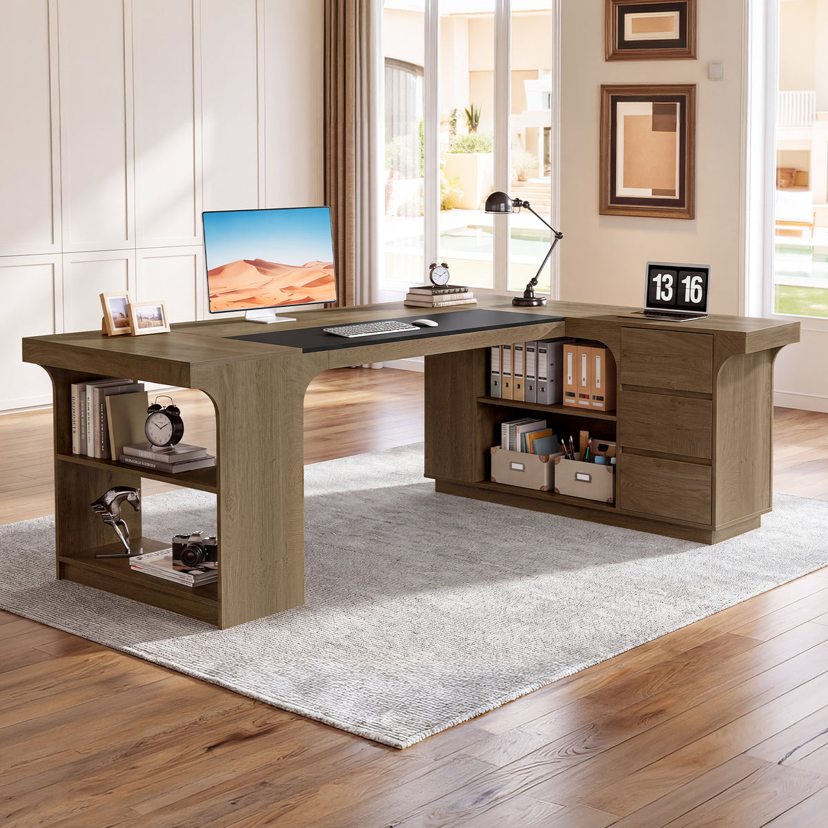78" L-Shaped Executive Desk, Farmhouse Wood with 3 Drawers & Dual-Side Open Shelves