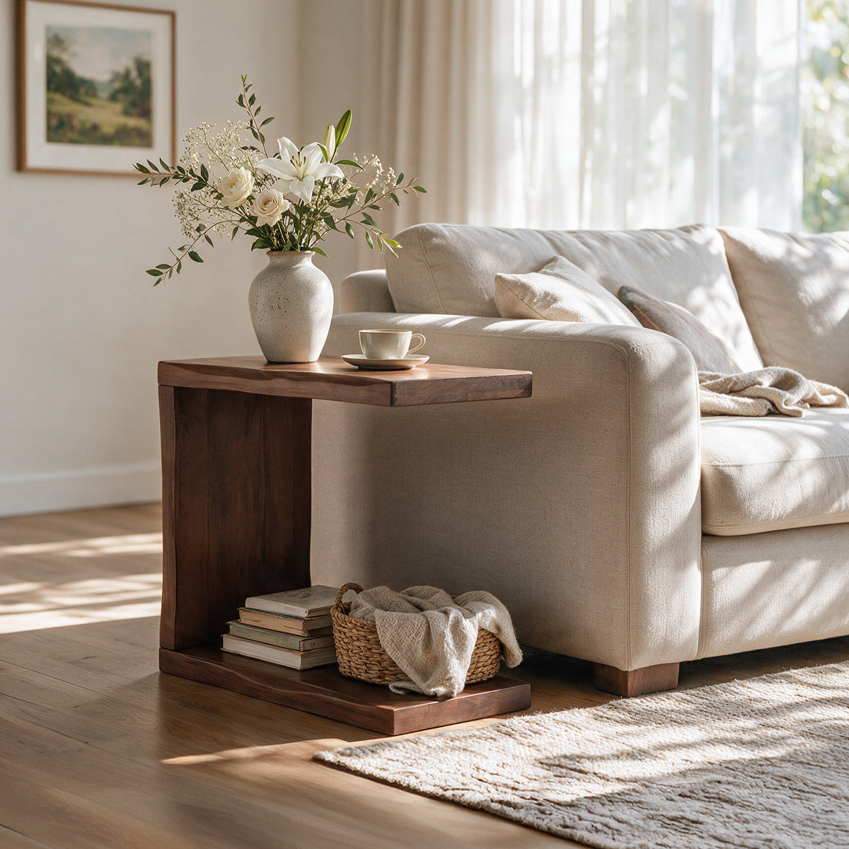 C-Shaped Solid Wood End Table with Live Edge, Sofa Side Table with 2-Tier Storage