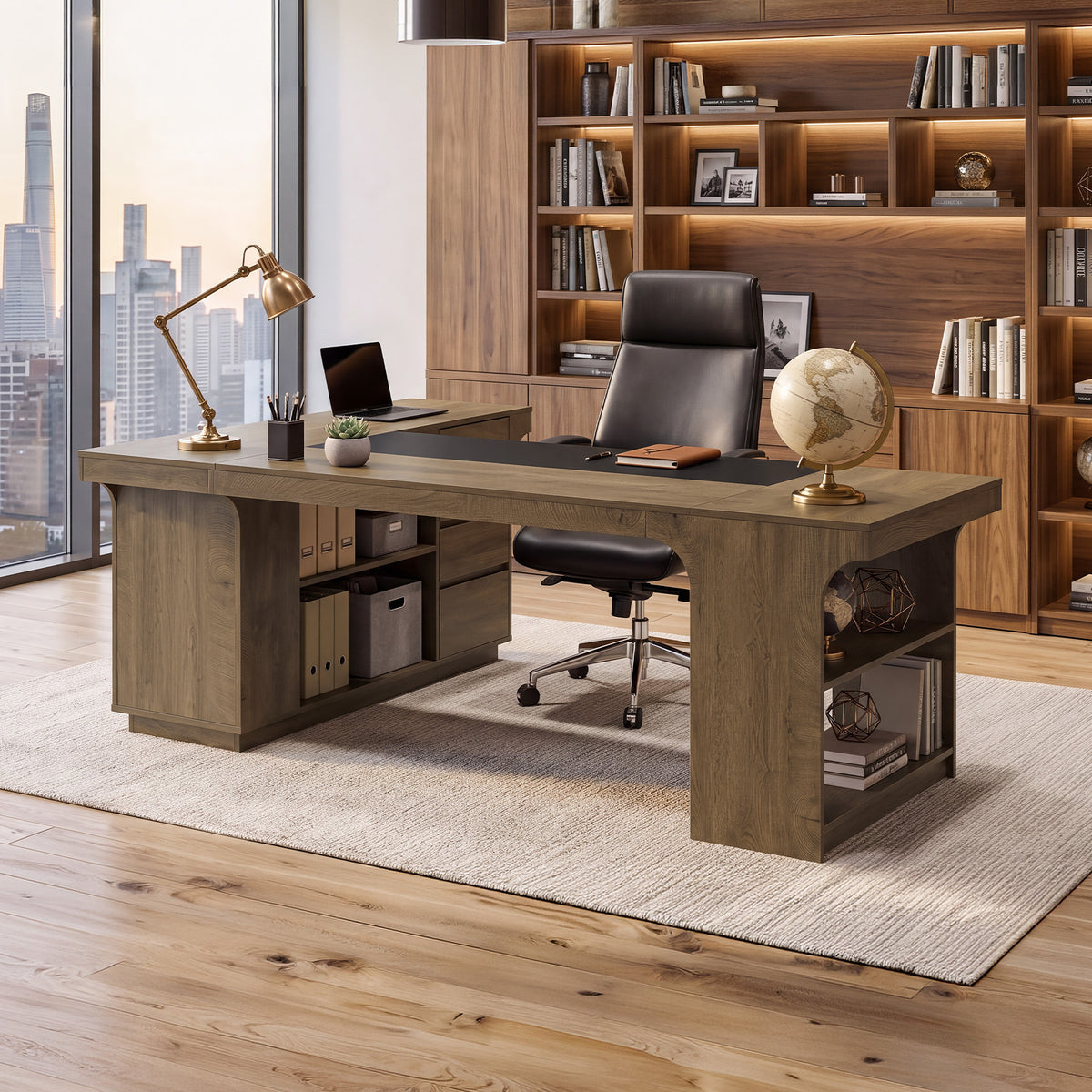 78" L-Shaped Executive Desk, Farmhouse Wood with 3 Drawers & Dual-Side Open Shelves