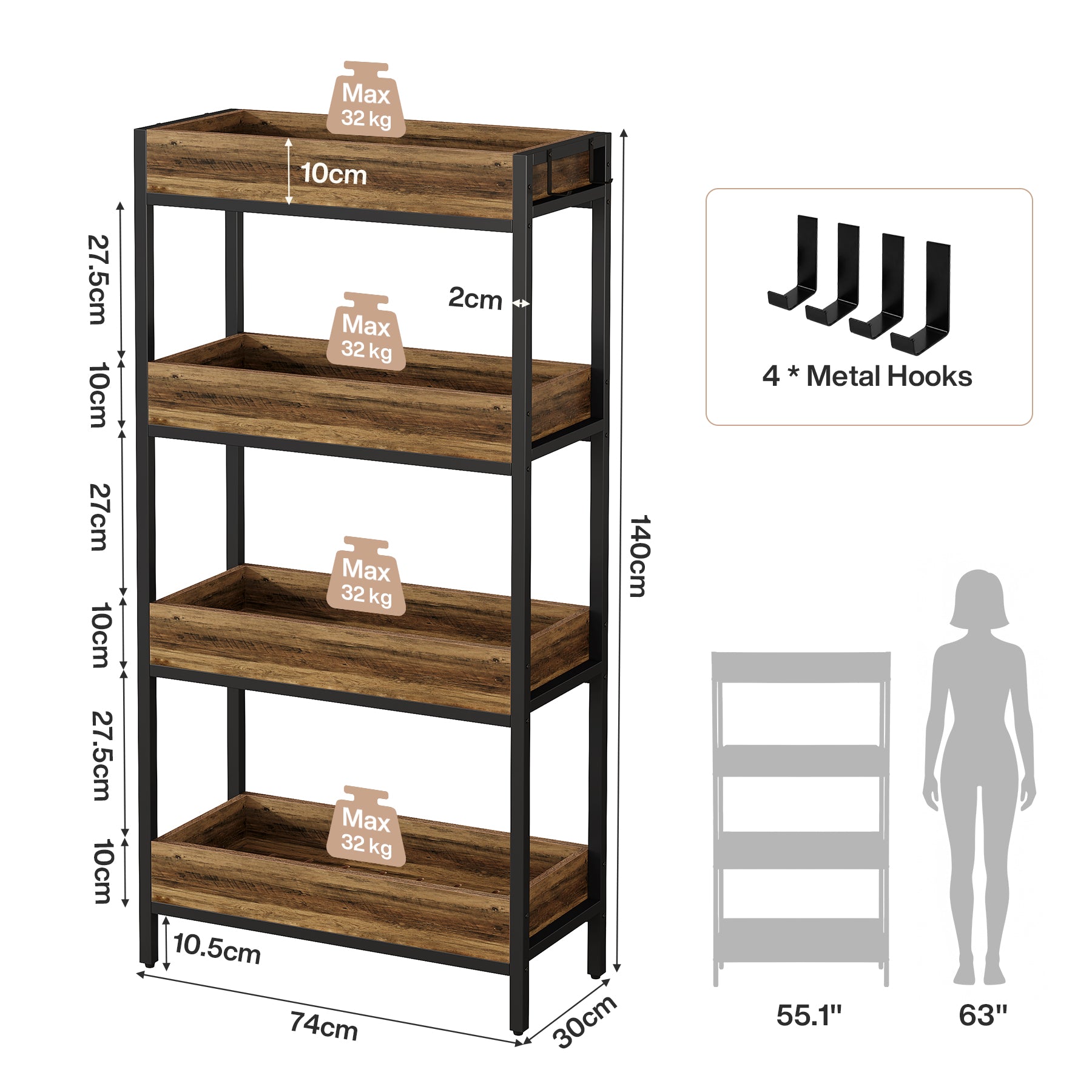 Tribesigns 55.1-Inch 4-Tier Bookshelf with Metal Frame, Free-Standing Bookcase for Living Room and Office