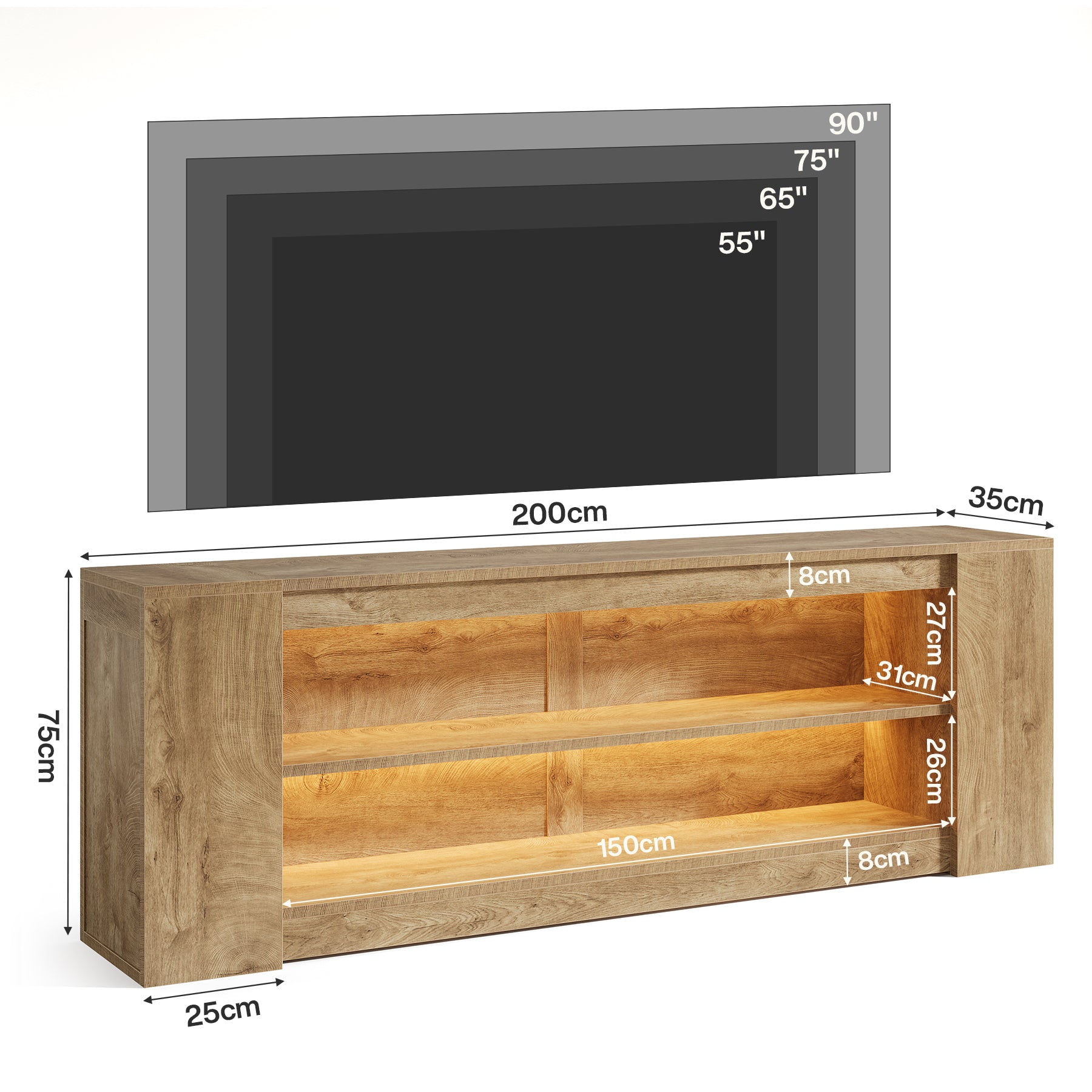 78" LED Light TV Stand for TVs up to 90", 3 Tiers Farmhouse Entertainment Center with Open Storage Shelves