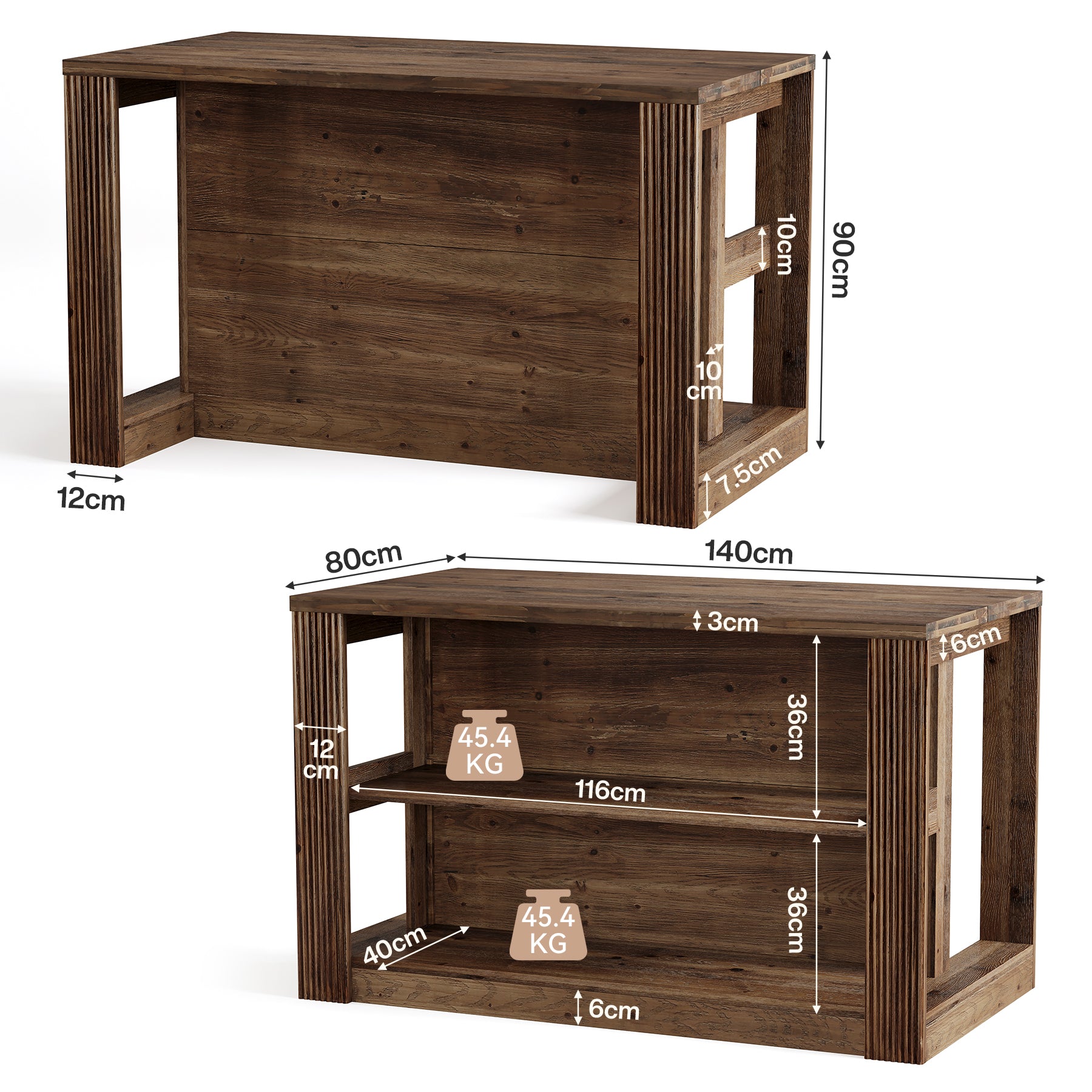 55" Kitchen Island Table, Solid Wood Stationary Storage Islands with 2-Tier Shelves