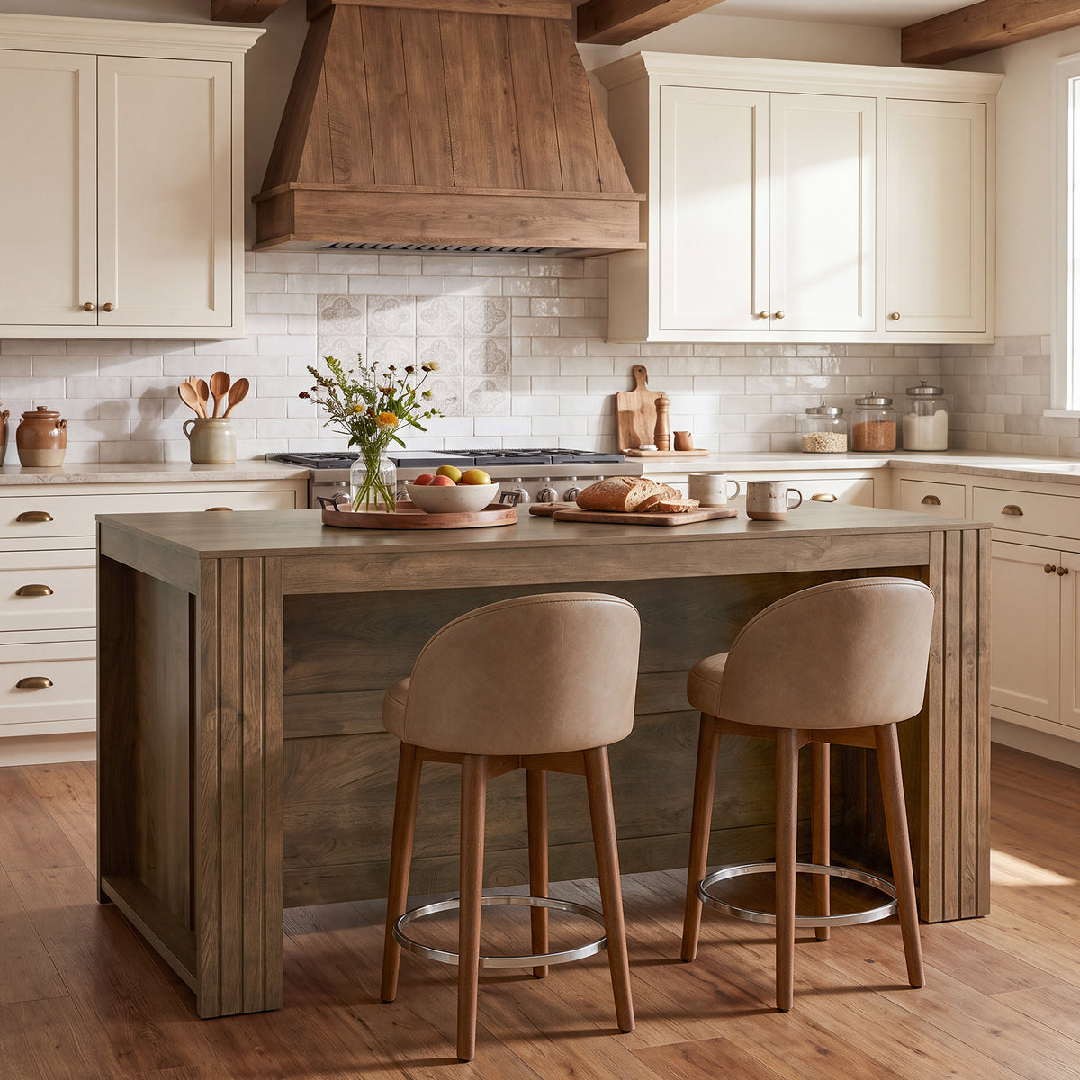 63" Kitchen Island with Seating Space for 4, Wood Island Table with Two-Sided Legroom