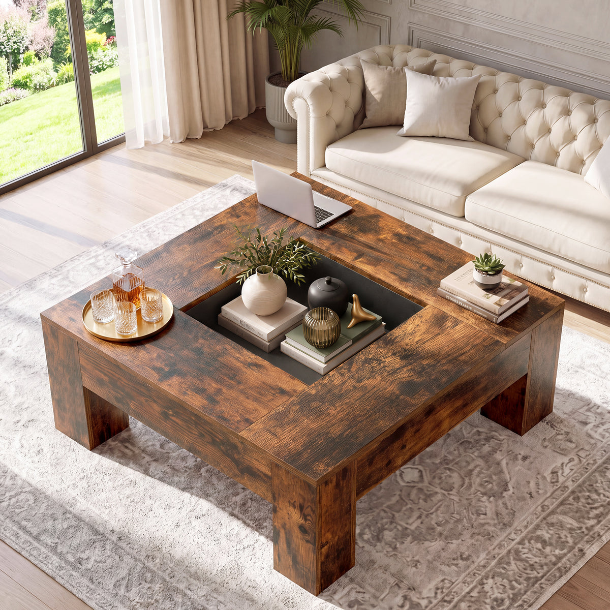 39.4" Square Coffee Table, Farmhouse Center Table with Recessed Center Display