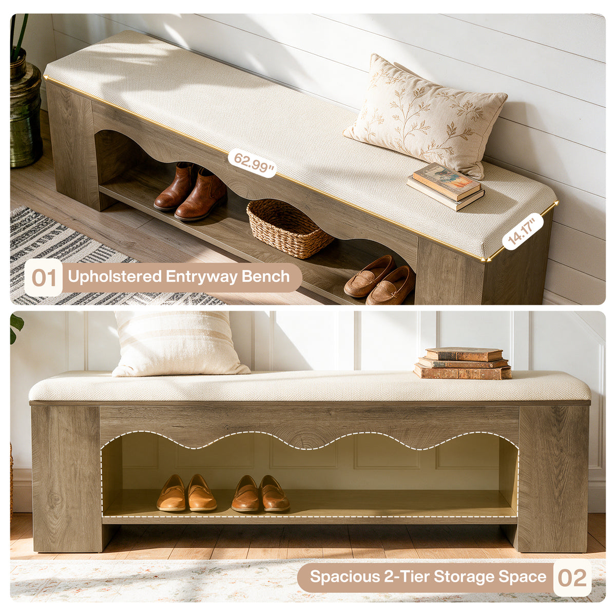 63" Upholstered Entryway Bench, 2-Tier Shoe Bench with Cushion & Open Storage Shelf