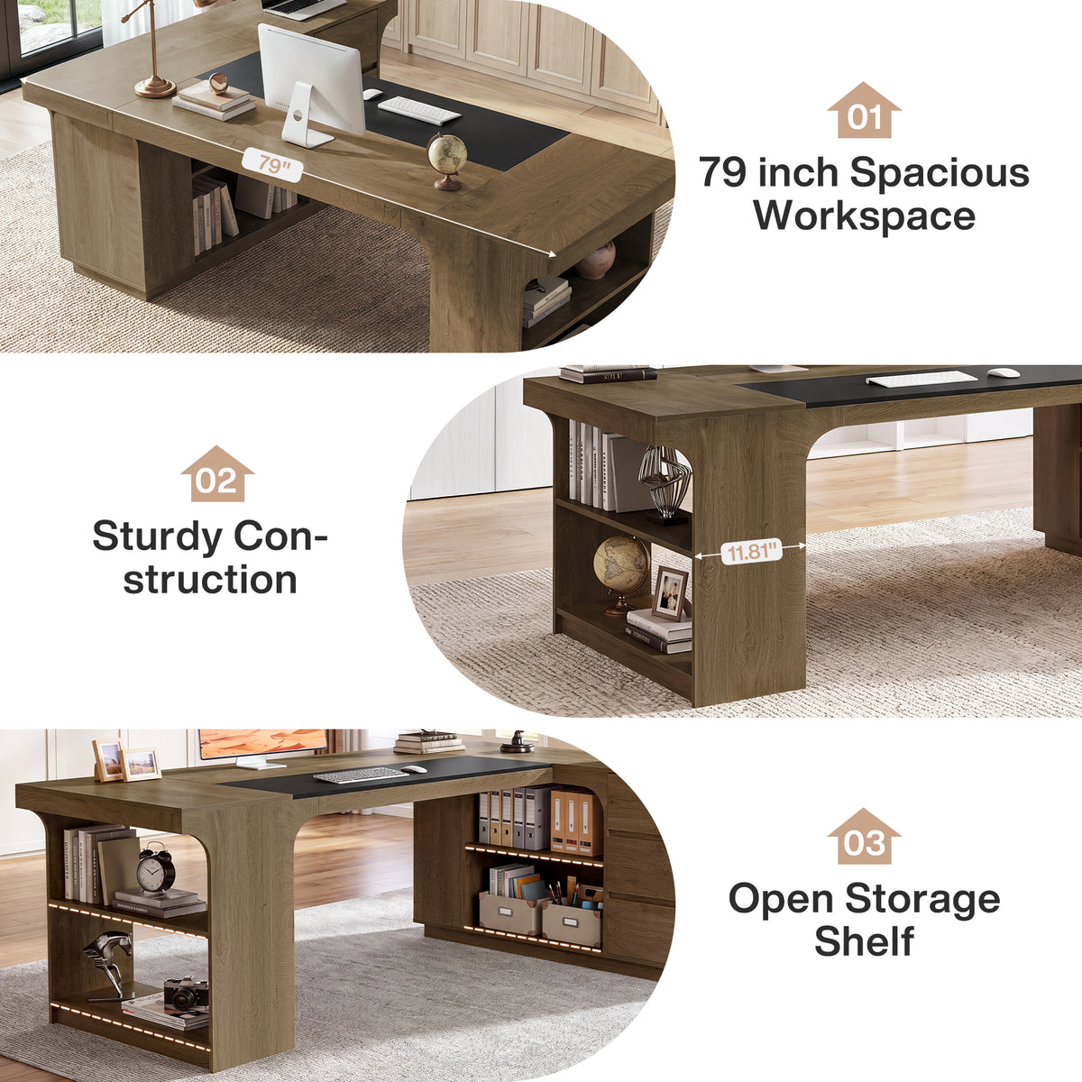 78" L-Shaped Executive Desk, Farmhouse Wood with 3 Drawers & Dual-Side Open Shelves
