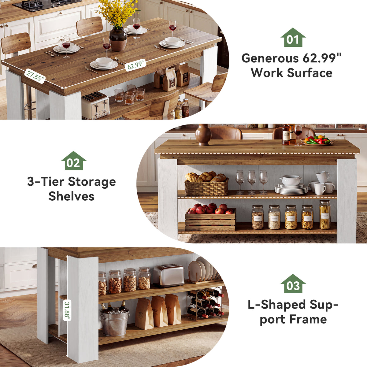 63" Solid Wood Kitchen Island with 3-Tier Storage Shelves, Kitchen Work Table