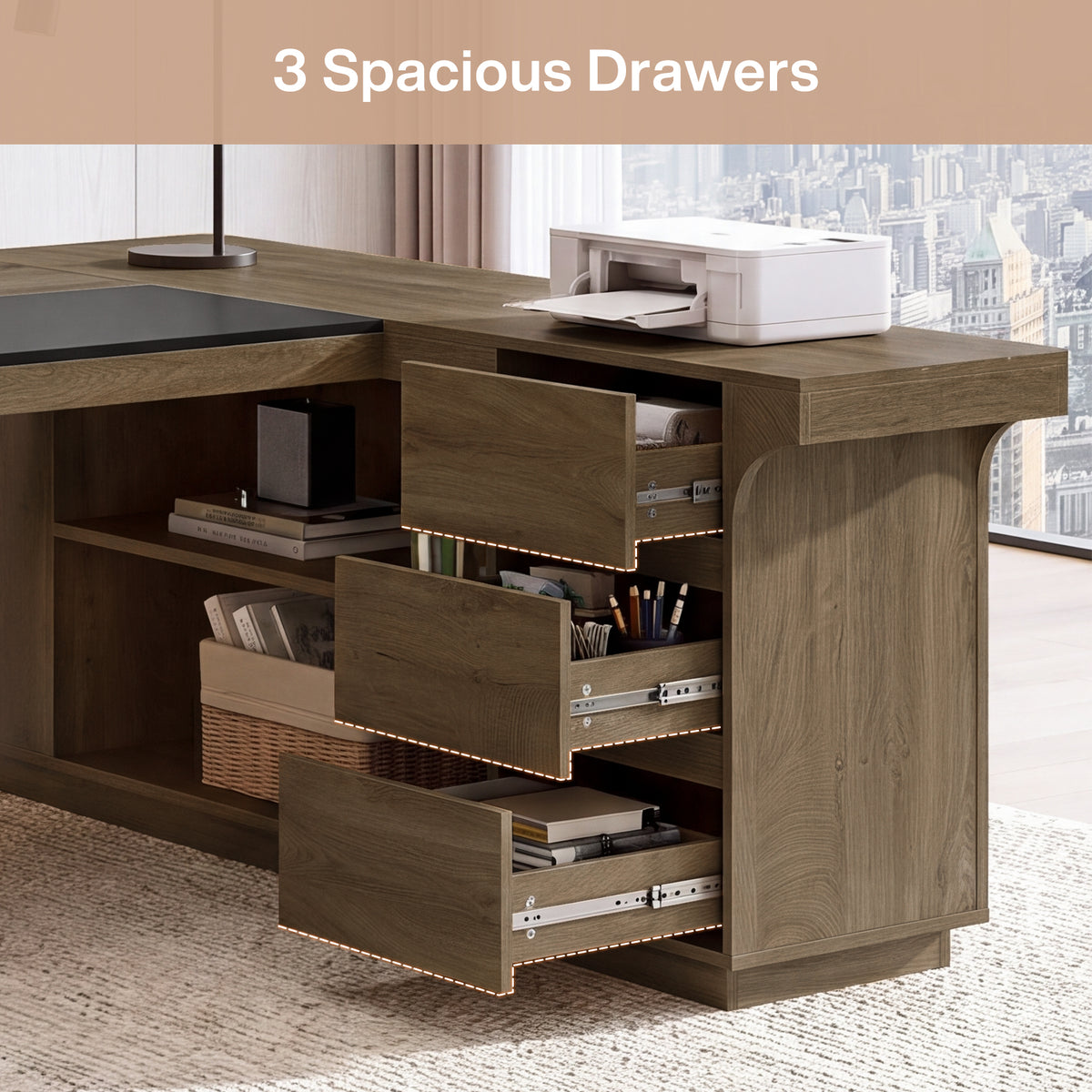 78" L-Shaped Executive Desk, Farmhouse Wood with 3 Drawers & Dual-Side Open Shelves