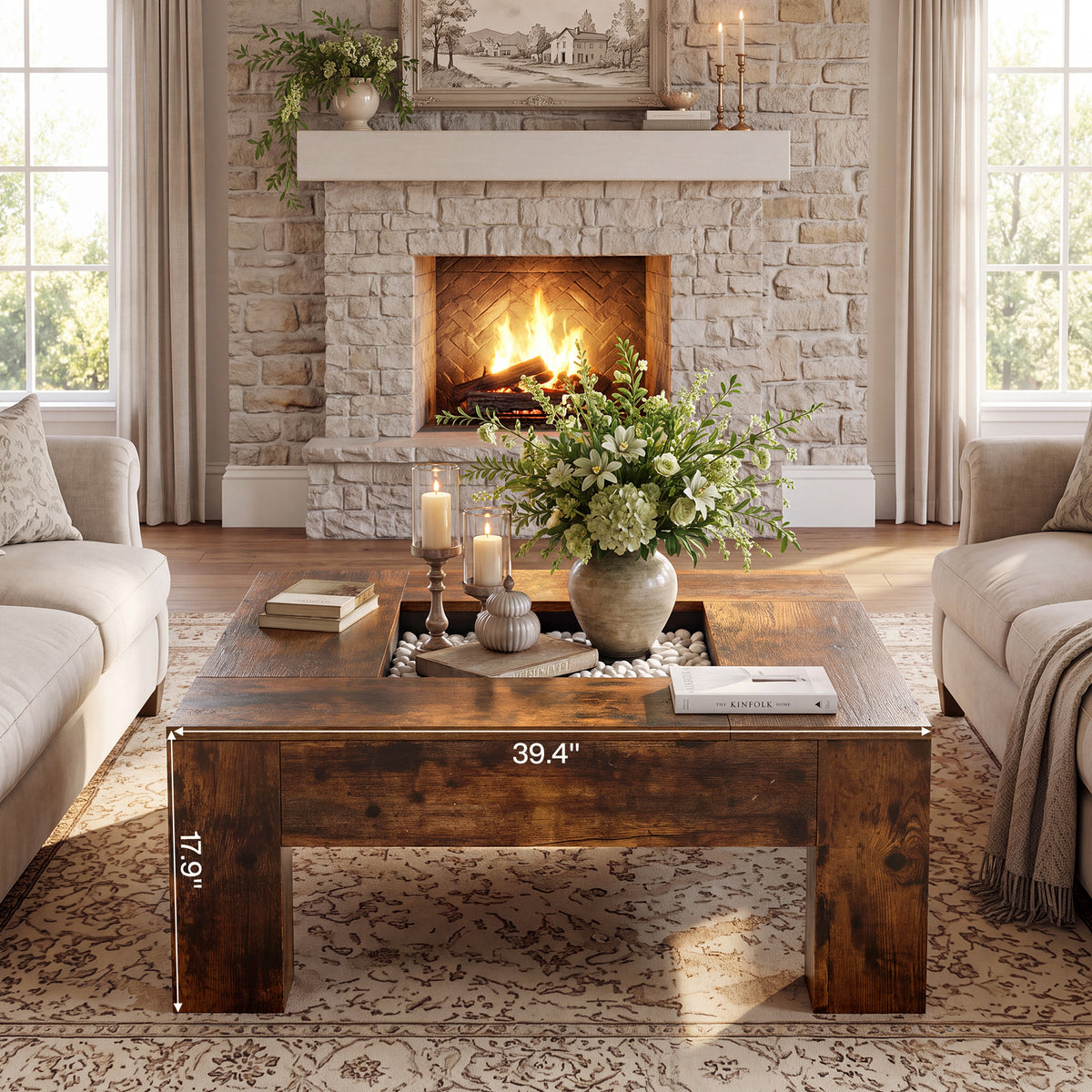 39.4" Square Coffee Table, Farmhouse Center Table with Recessed Center Display