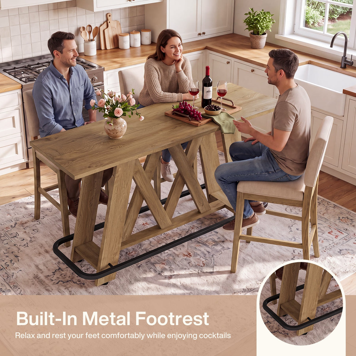 63" Bar Table with A-Frame Legs & Metal Footrest, Rustic Pub Table