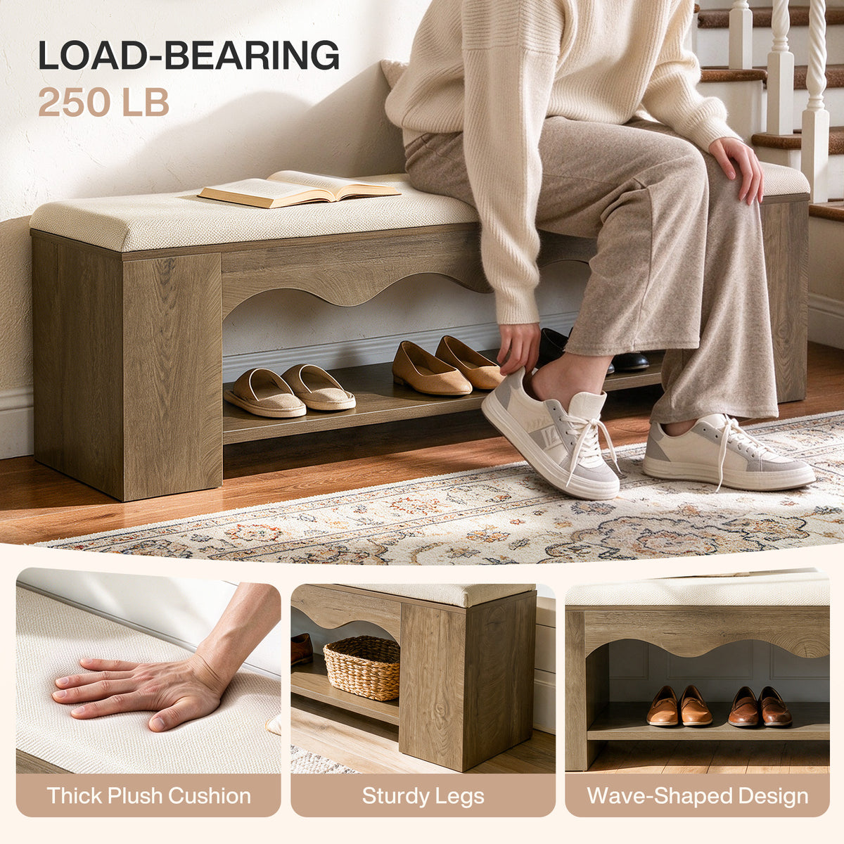 63" Upholstered Entryway Bench, 2-Tier Shoe Bench with Cushion & Open Storage Shelf